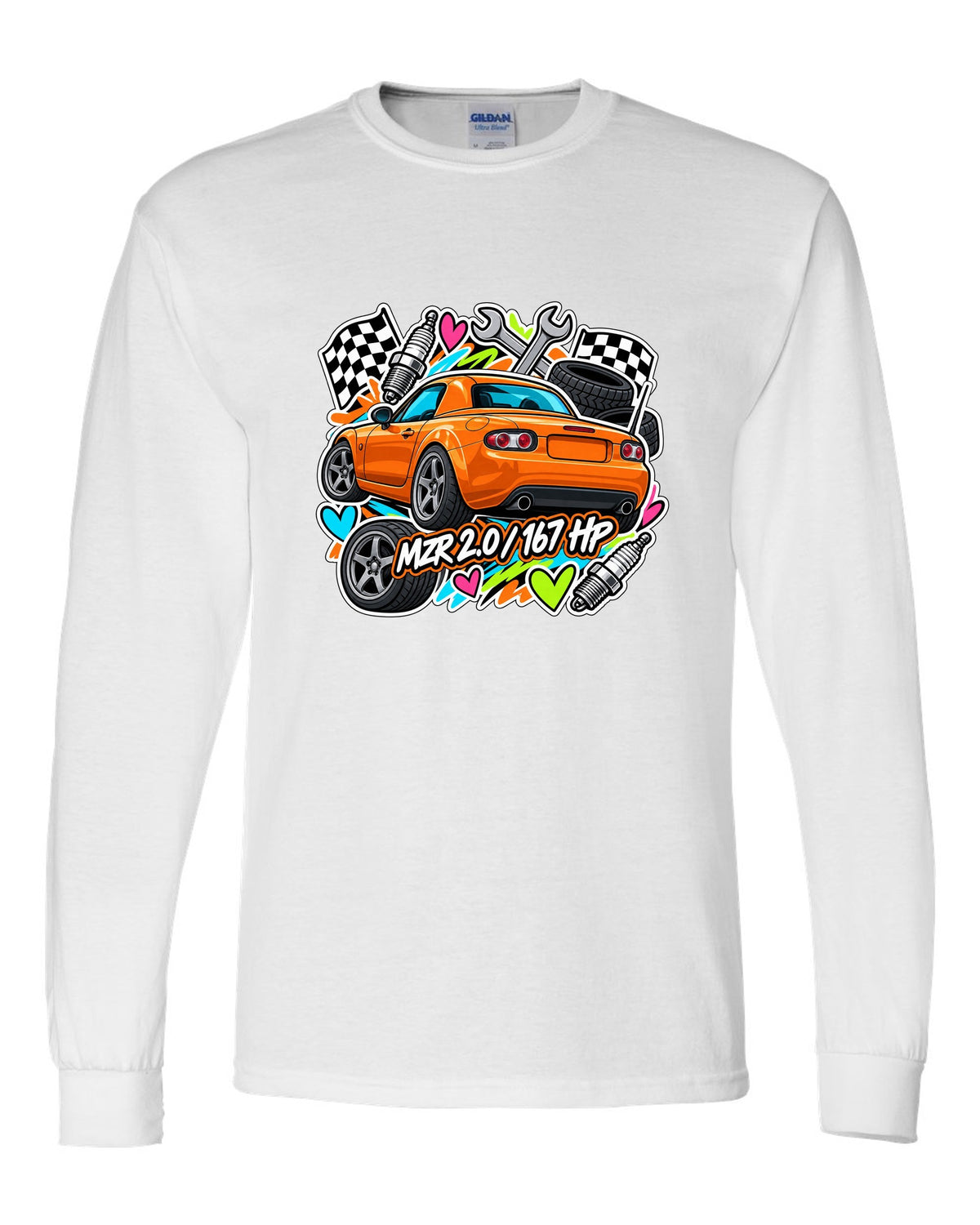 Mazda MX-5 NA6CE Cyanotype Blueprint white long sleeve front view with the design