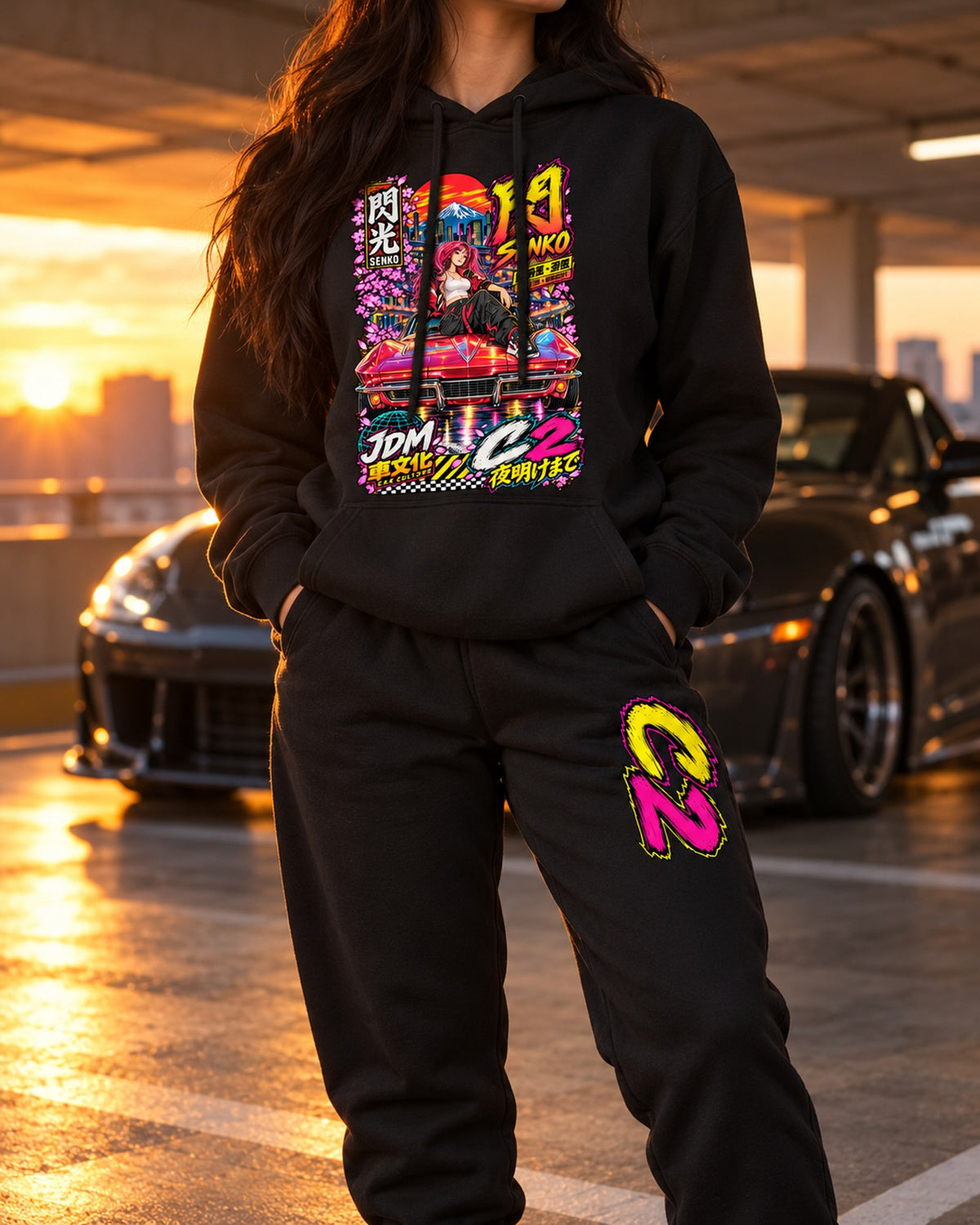 C2 Senko Anime Girl Poster Hoodie + Jogger Set Black worn hero