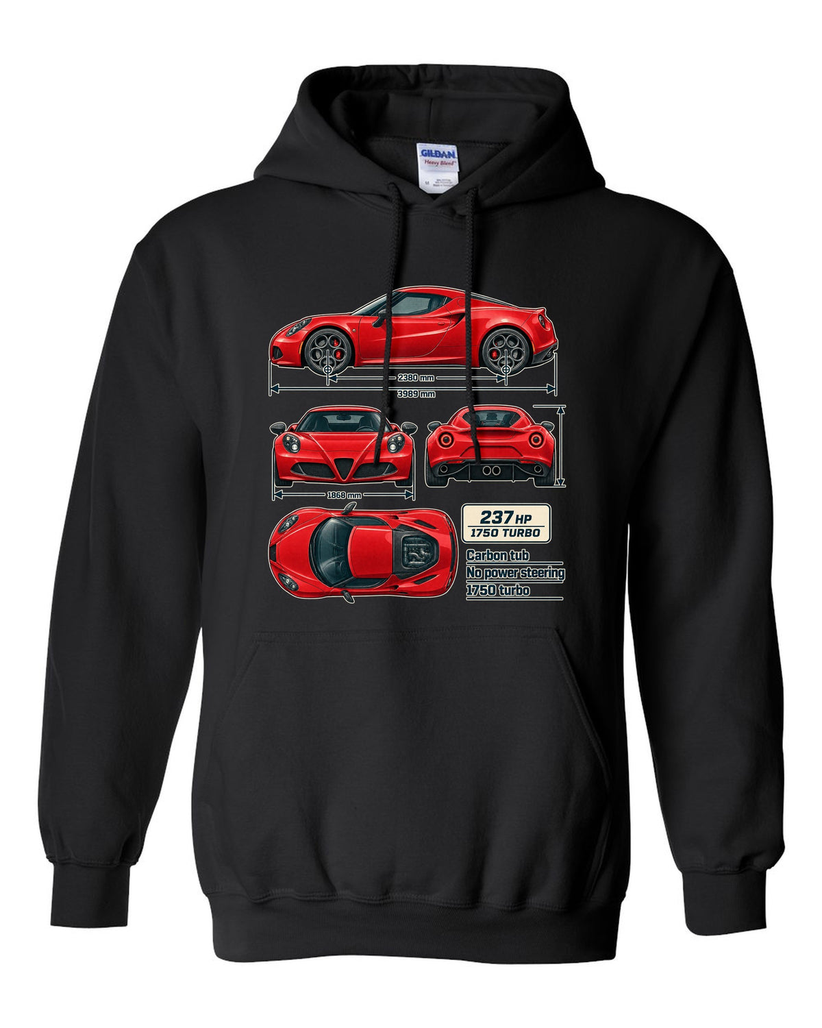 Dimension blueprint print of the Alfa Romeo 4C coupe with carbon tub and 1750 turbo callouts black pull over hoodie front view with the design