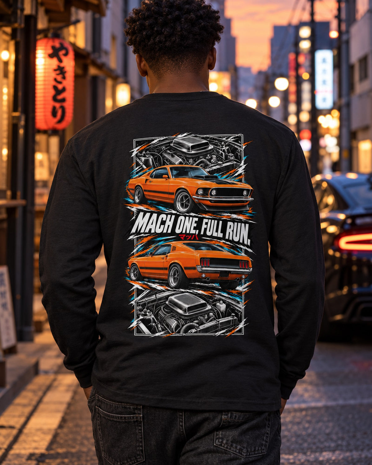 Ford Mustang Mach 1 Torn Poster Full-Back Graphic Tee Long Sleeve Black worn hero