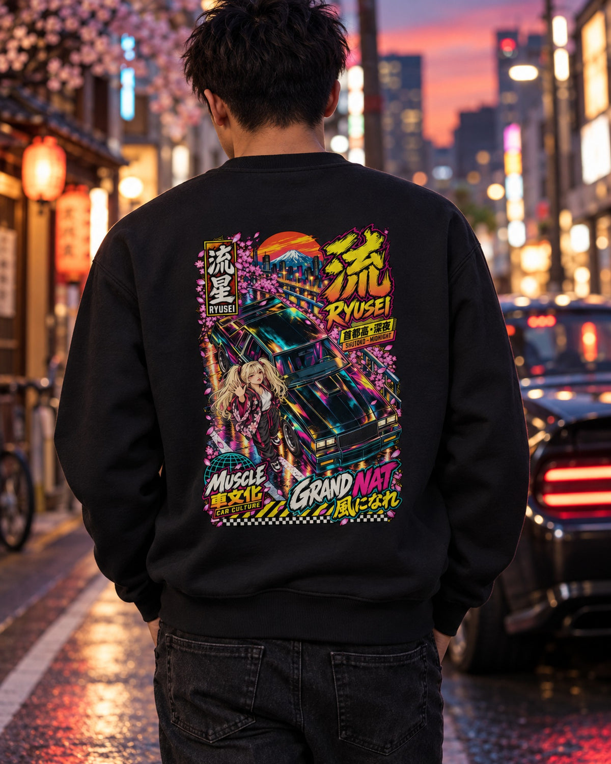 RYUSEI GRAND NAT Anime Girl Full-Back Graphic Tee Crewneck Black worn hero