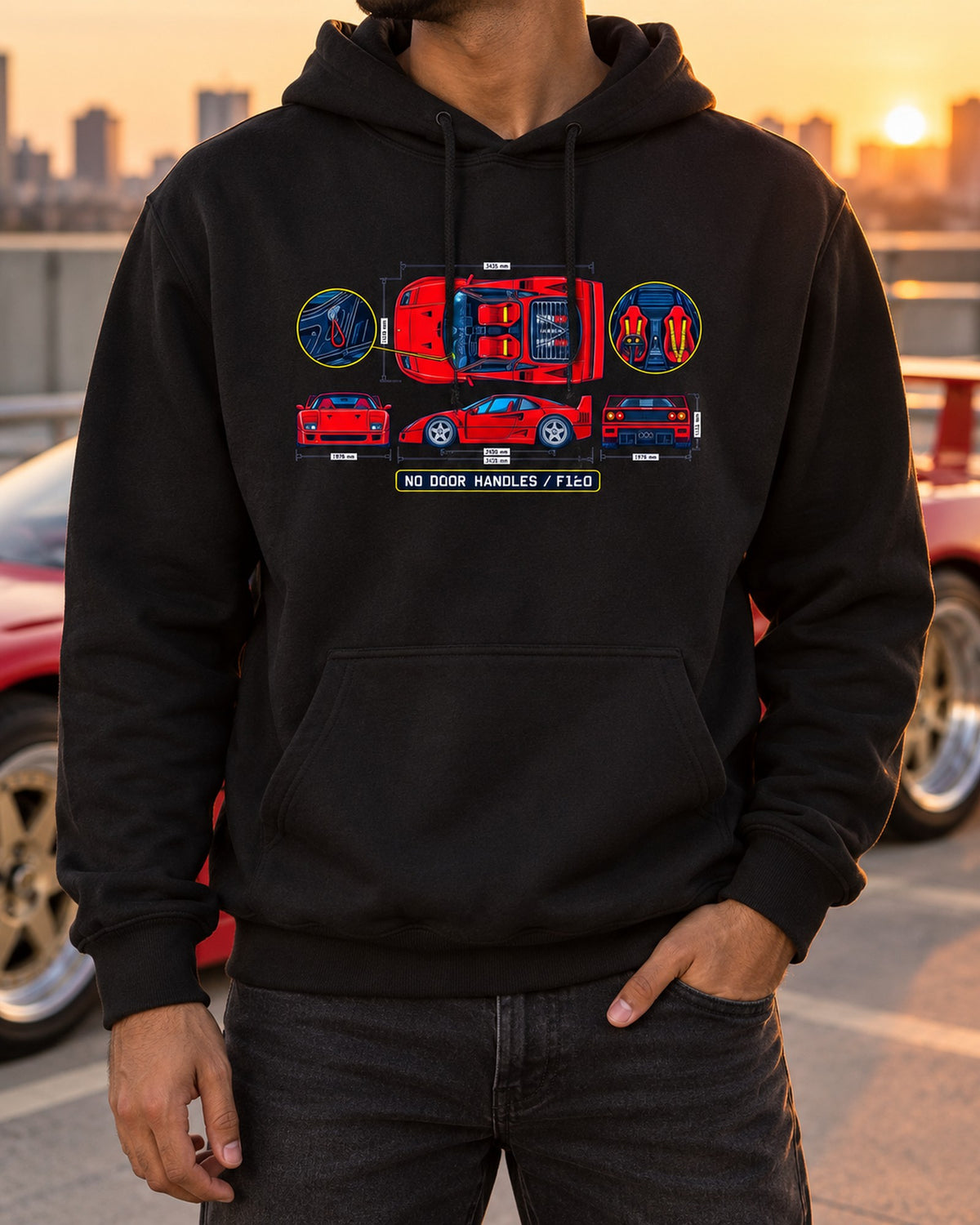 Ferrari F40 Cabin Blueprint Tee, No Door Handles Car Shirt Pull Over Hoodie Black worn hero