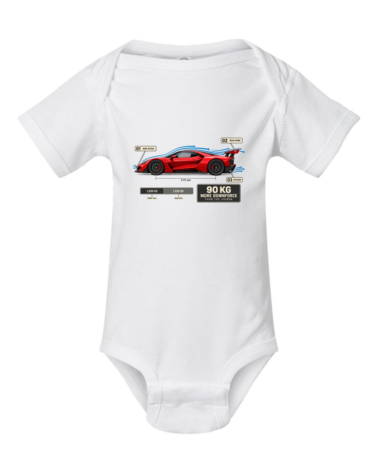Bugatti Divo aero callouts diagram print about downforce versus Chiron white baby onesie front view with the design