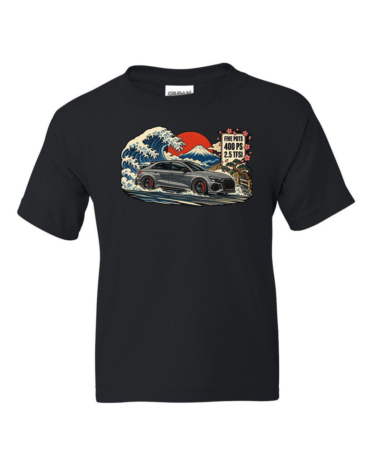 Ukiyo-e woodblock style print of an Audi RS3 8Y with a mountain and 2.5 TFSI text black kids tee front view with the design
