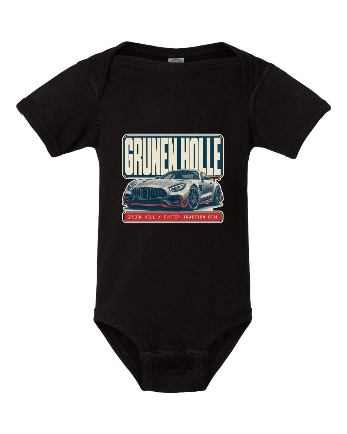 Mercedes-AMG GT R C190 halftone Green Hell print black baby onesie front view with the design