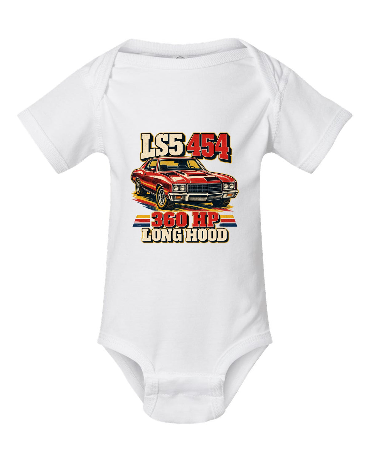 Vintage race poster print of a 1970 Chevrolet Monte Carlo SS 454 with the text LS5 454, 360 HP, Long Hood white baby onesie front view with the design