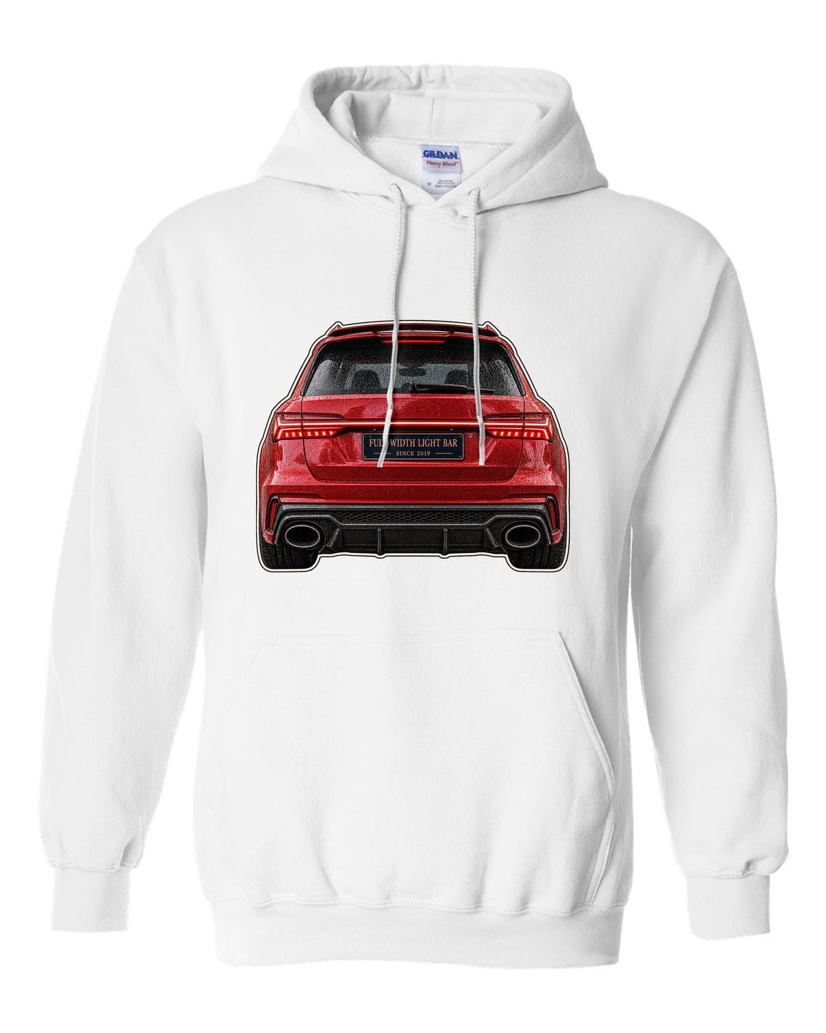 Close-up print of the full-width taillight bar on an Audi RS6 Avant C8 white pull over hoodie front view with the design