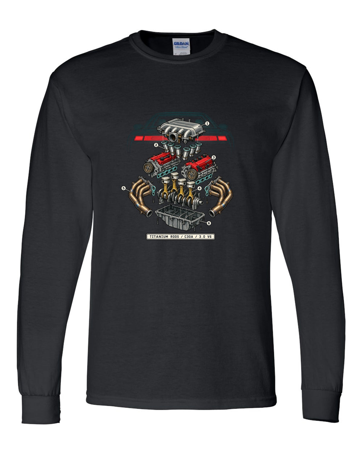 Isometric engine schematic print for the Honda NSX NA1 C30A with titanium rods text black long sleeve front view with the design
