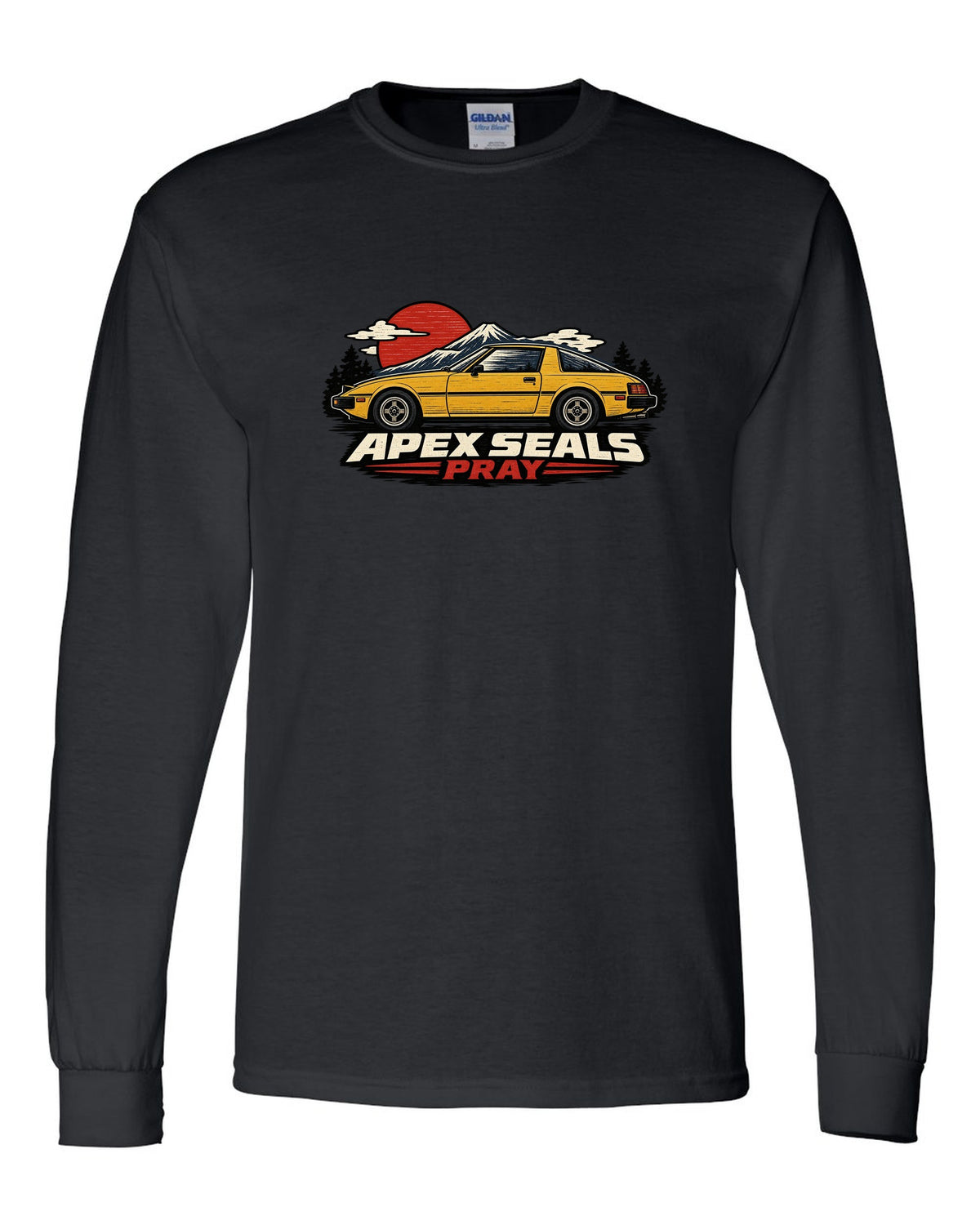 Mazda RX-7 SA22C Linocut Side Profile black long sleeve front view with the design