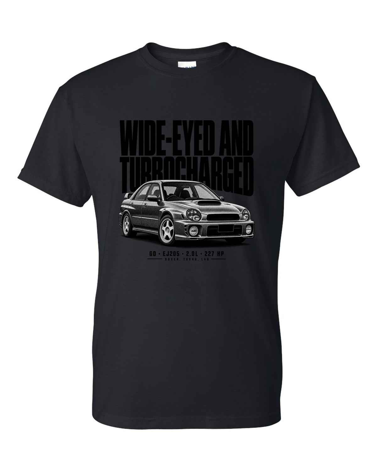 Halftone Subaru Impreza WRX GD Bugeye saloon with wide-eyed and turbocharged text black t-shirt front view with the design