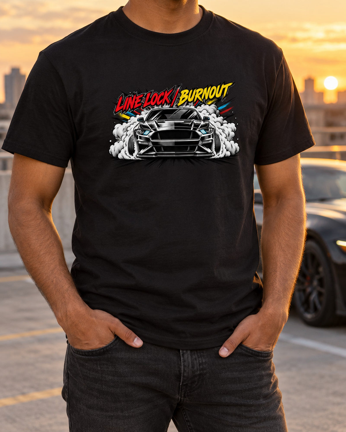 S550 Mustang EcoBoost Fastback Varsity Crest, Yes It's A Four Shirt T-Shirt Black worn hero