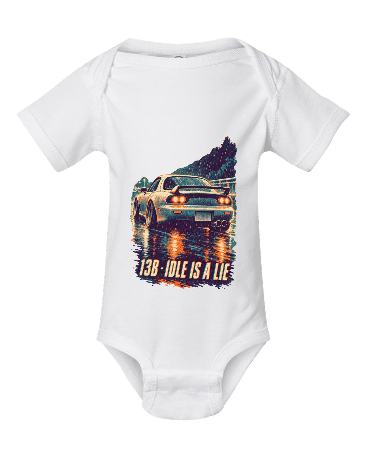 Three-colour risograph print for the Mazda RX-7 FD3S with 13B idle is a lie lettering white baby onesie front view with the design