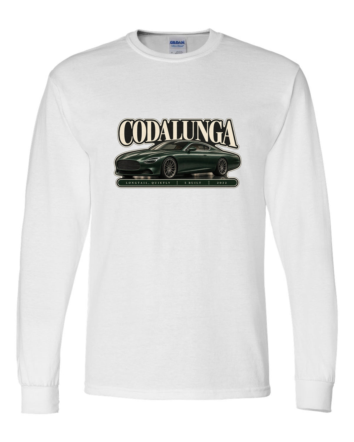 Editorial headline print of the Pagani Huayra Codalunga with the text Codalunga, longtail, quietly, 5 built, 2022 white long sleeve front view with the design