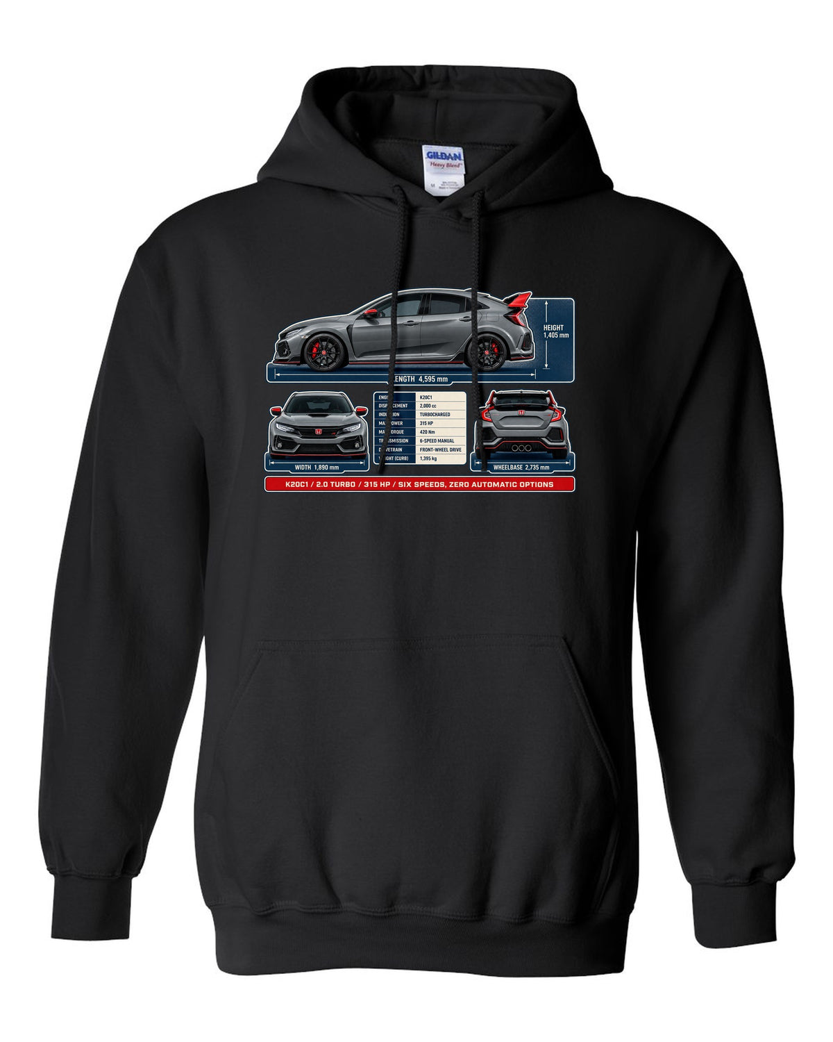print dimension blueprint of a Honda Civic Type R FL5 in warm grey black pull over hoodie front view with the design
