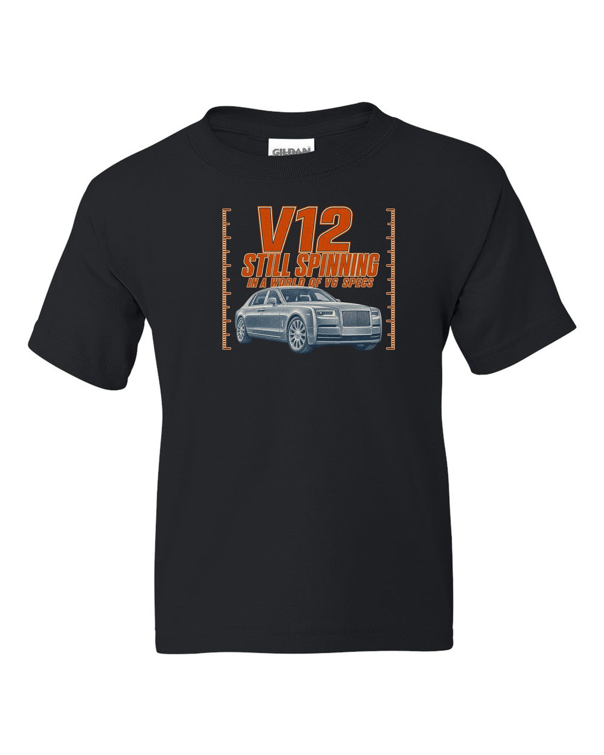 Halftone print of a silver Mercedes-Maybach S680 Z223 front three-quarter black kids tee front view with the design