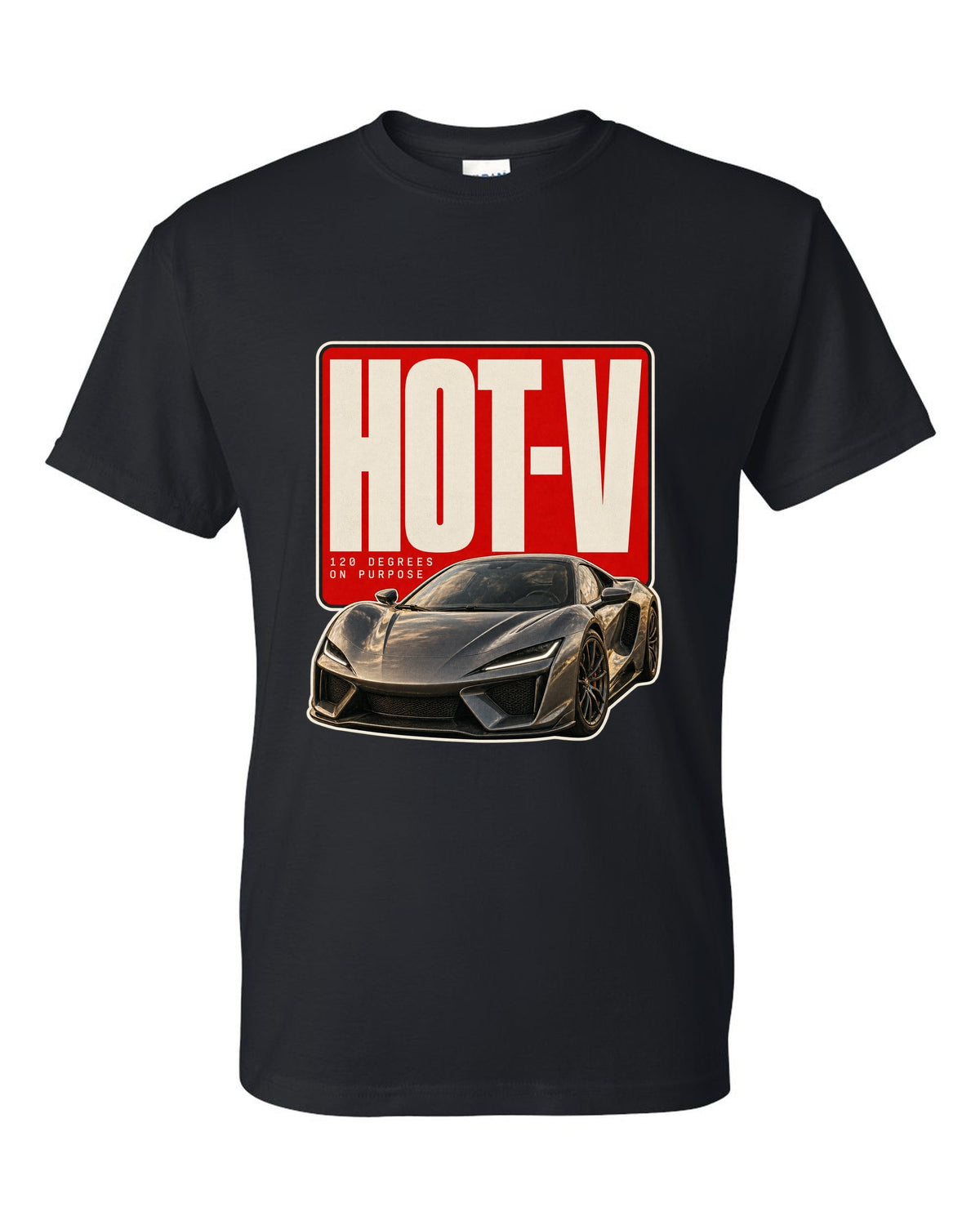 Editorial headline print of a McLaren Artura with hot-V 120 degree text black t-shirt front view with the design