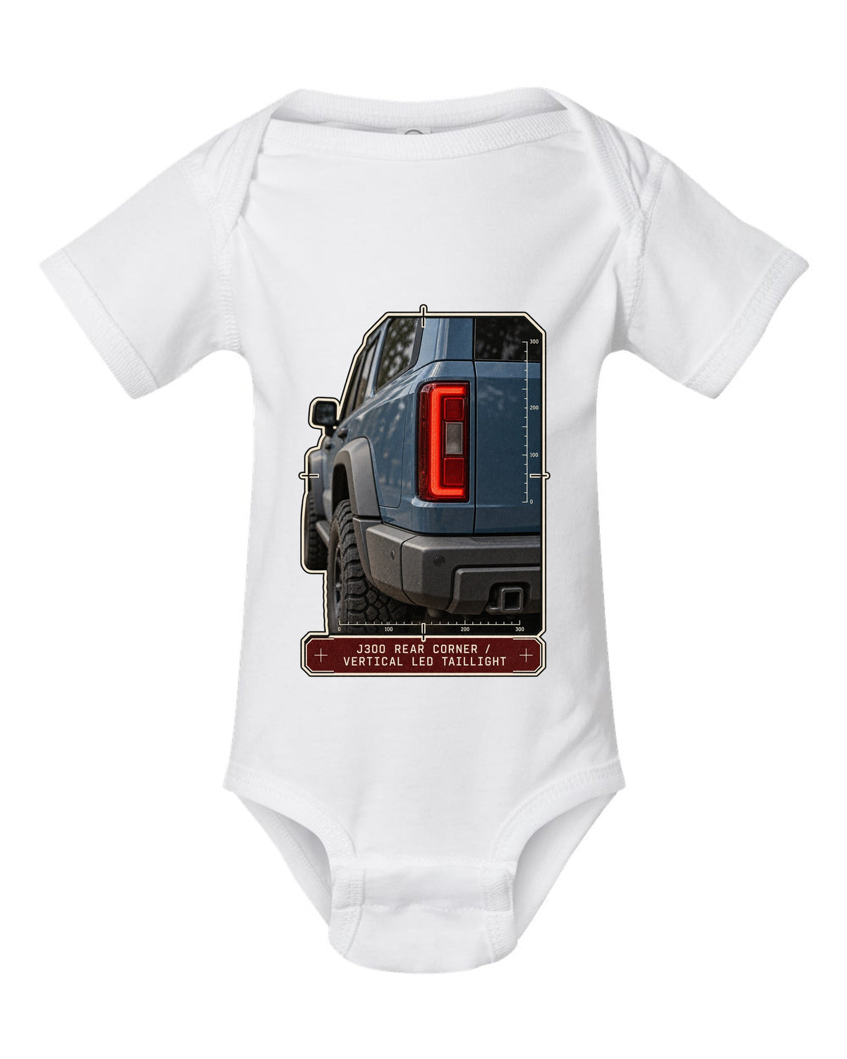 Close-up of Toyota Land Cruiser 300 J300 vertical LED taillight white baby onesie front view with the design