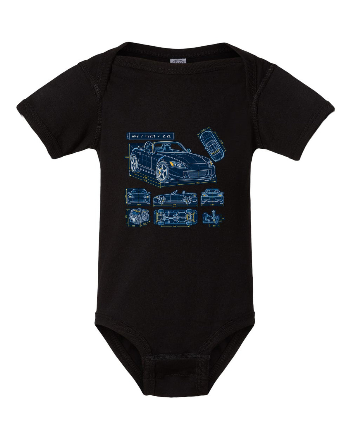 Neon synthwave sunset print of a Honda S2000 AP2 with 8,200 RPM not 9,000 text black baby onesie front view with the design