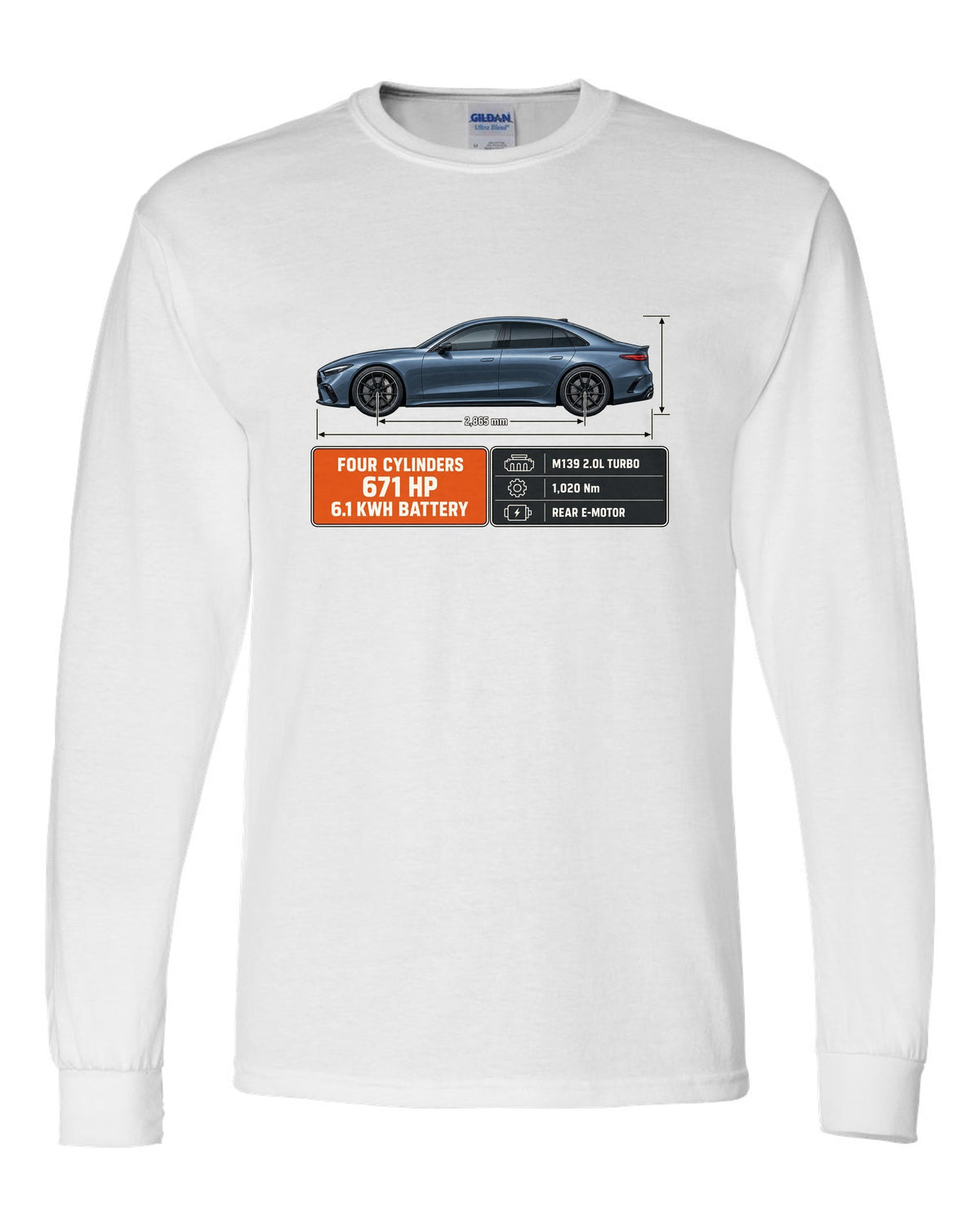 Mercedes-AMG C63 S E Performance W206 blueprint with dimension lines white long sleeve front view with the design