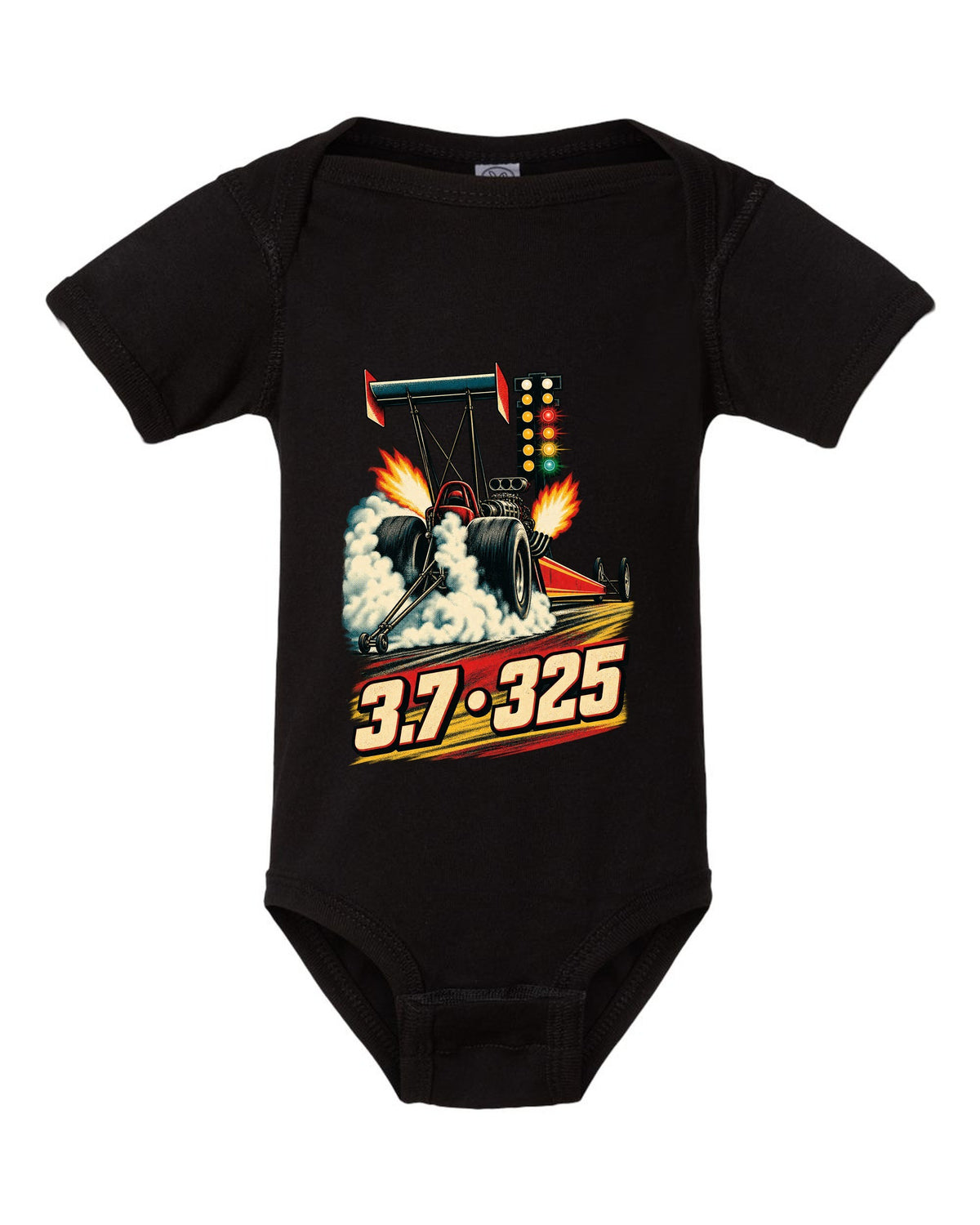 Retro poster style Top Fuel dragster doing a burnout with halftone smoke and 3.7 325 lettering black baby onesie front view with the design