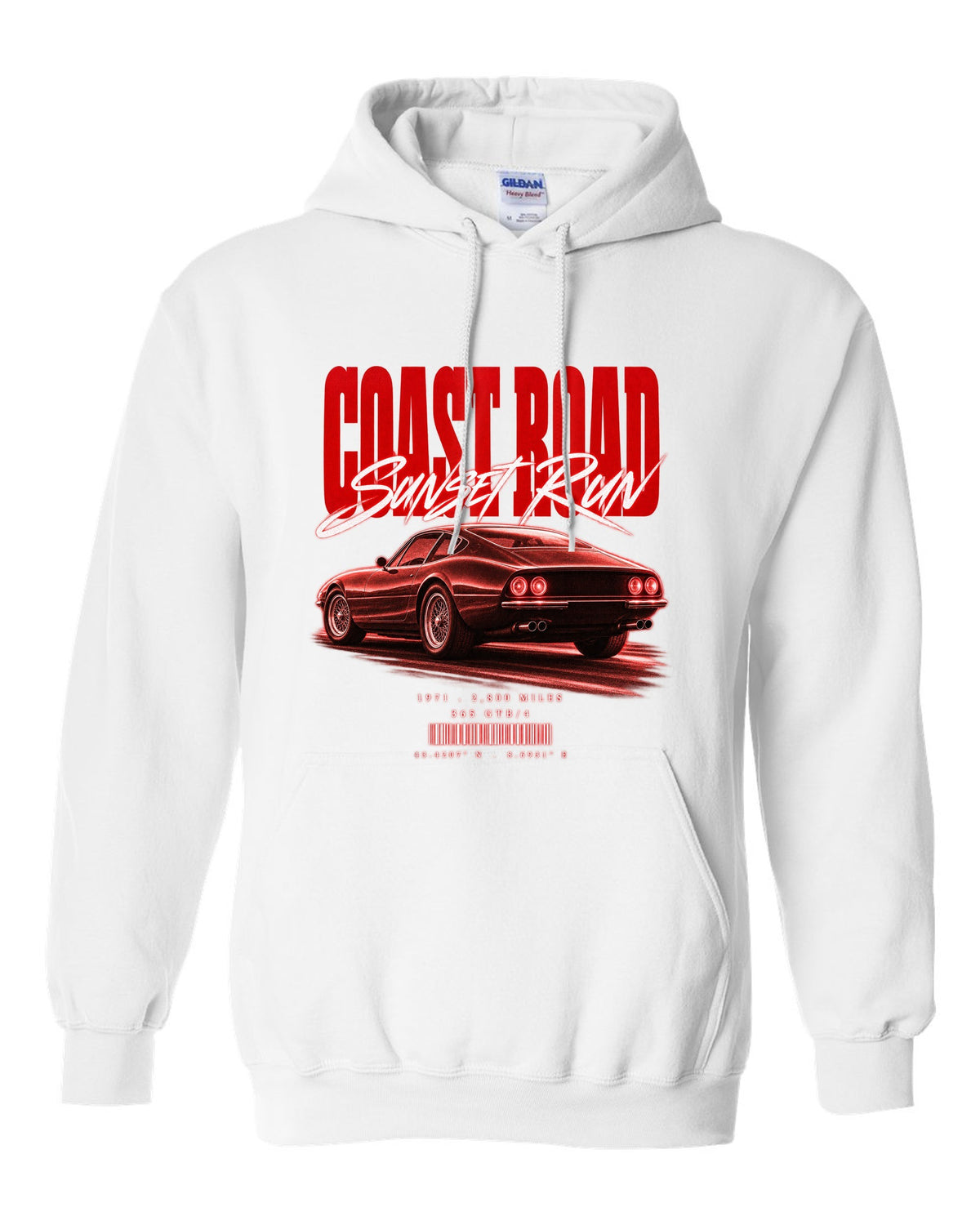 Street poster print of a Ferrari 365 GTB/4 Daytona with Coast Road, Sunset Run, 1971, 2,800 miles white pull over hoodie front view with the design
