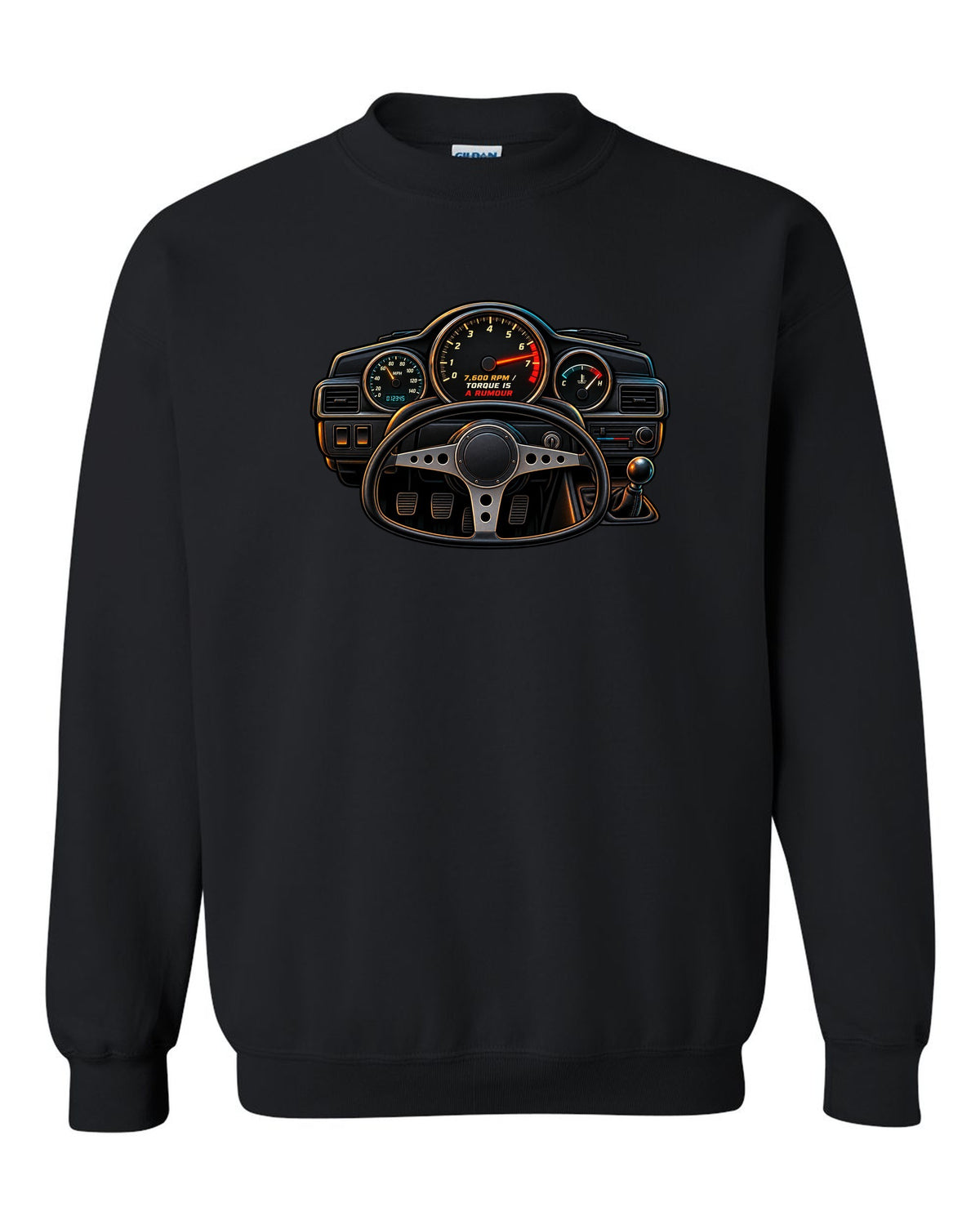 Linocut woodcut-style Toyota Corolla Levin AE86 with garage Saturday slogan black crewneck front view with the design
