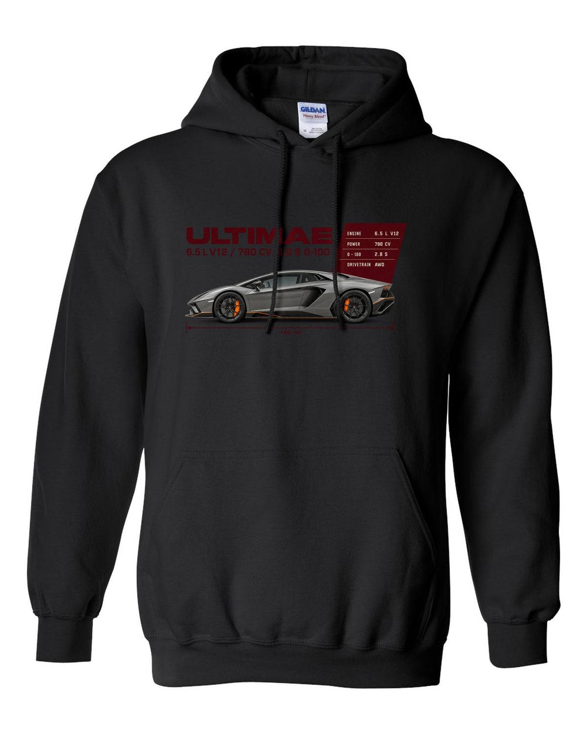 Spec poster print of the Lamborghini Aventador Ultimae with V12 figures black pull over hoodie front view with the design