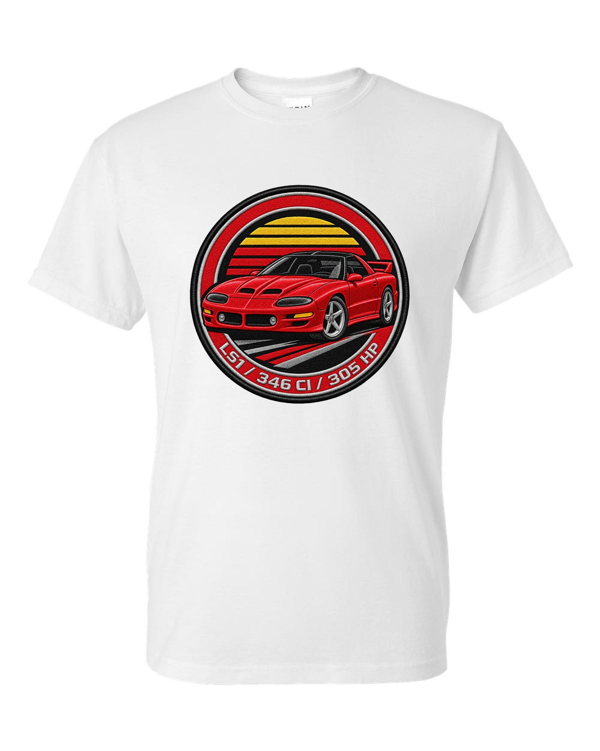 1998 Camaro SS fourth-generation in an embroidery round crest with text LS1 346 CI 305 HP white t-shirt front view with the design