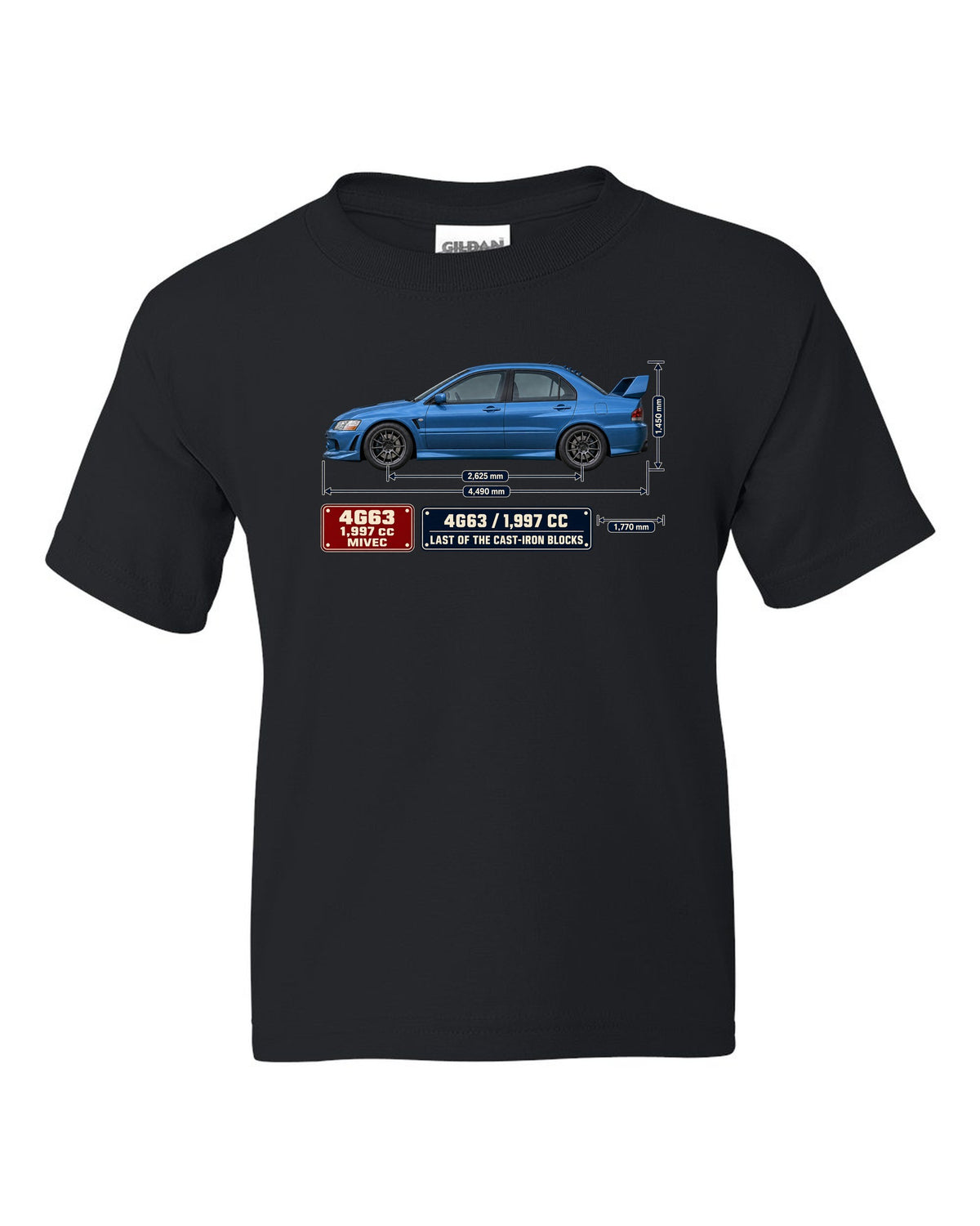 Lancer Evolution IX MR Blueprint black kids tee front view with the design