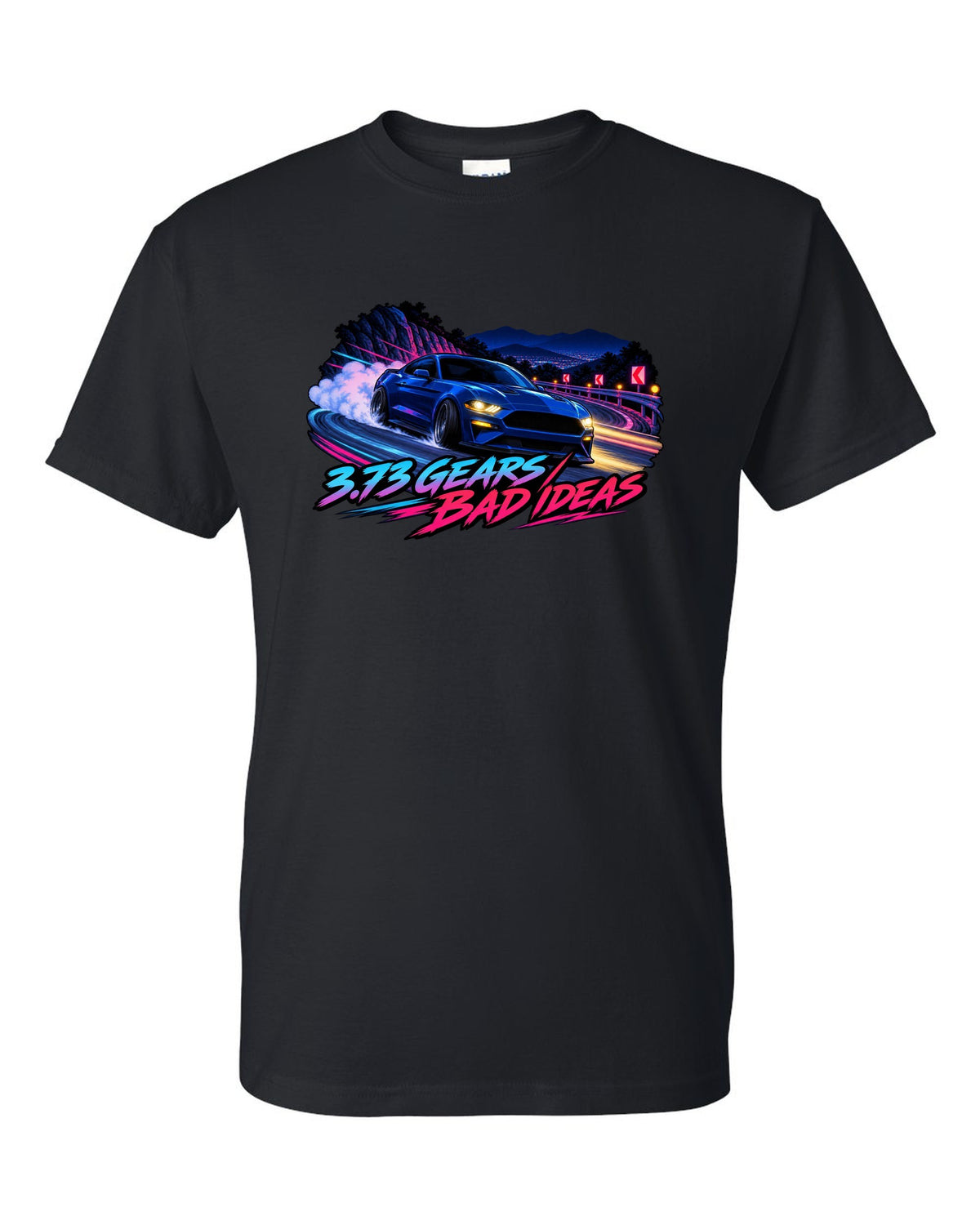 Cel-shaded anime night touge print of a 2015-2023 S550 Mustang fastback with 3.73 Gears text black t-shirt front view with the design