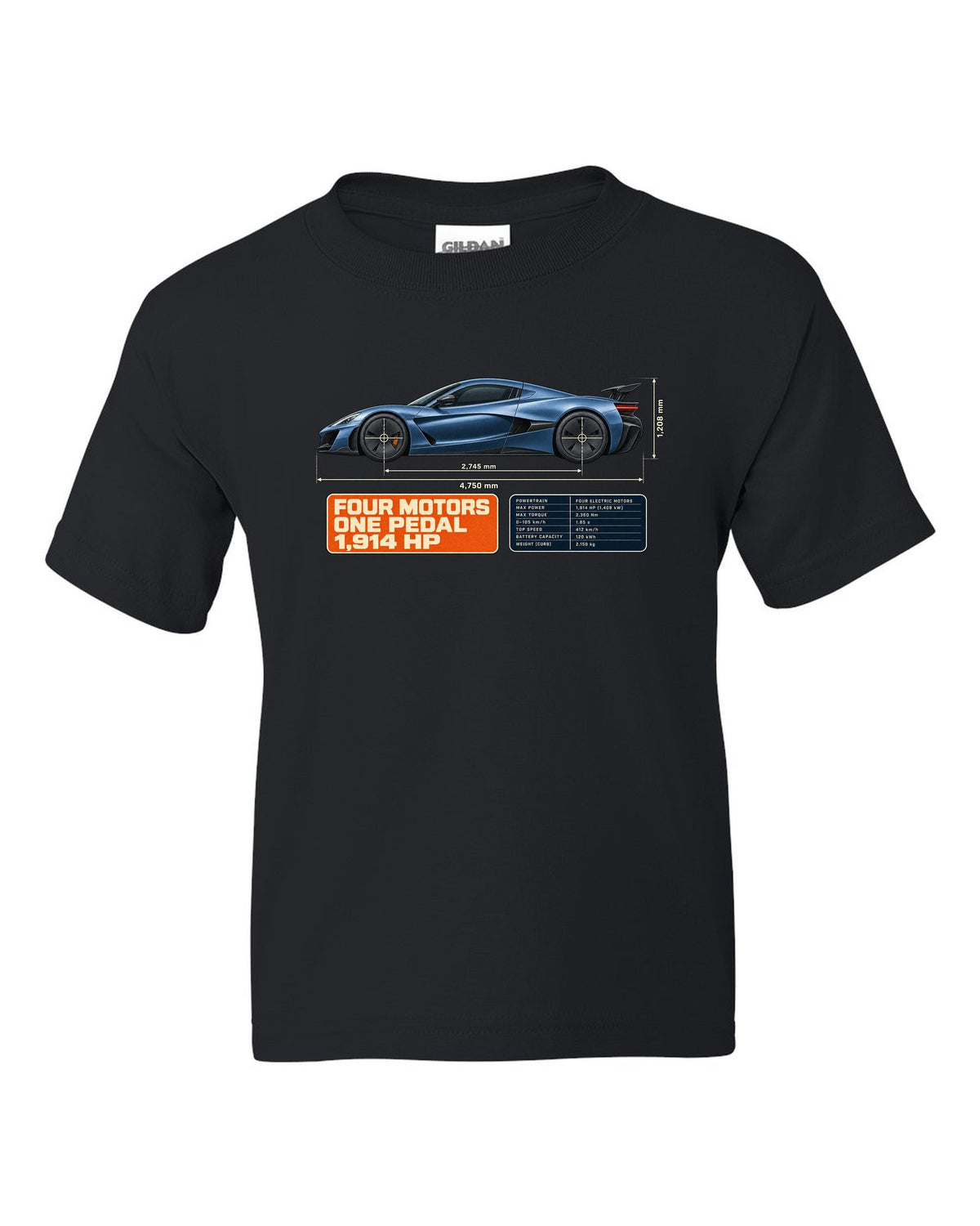Rimac Nevera 2021 dimension blueprint print with four motors one pedal 1,914 hp text black kids tee front view with the design