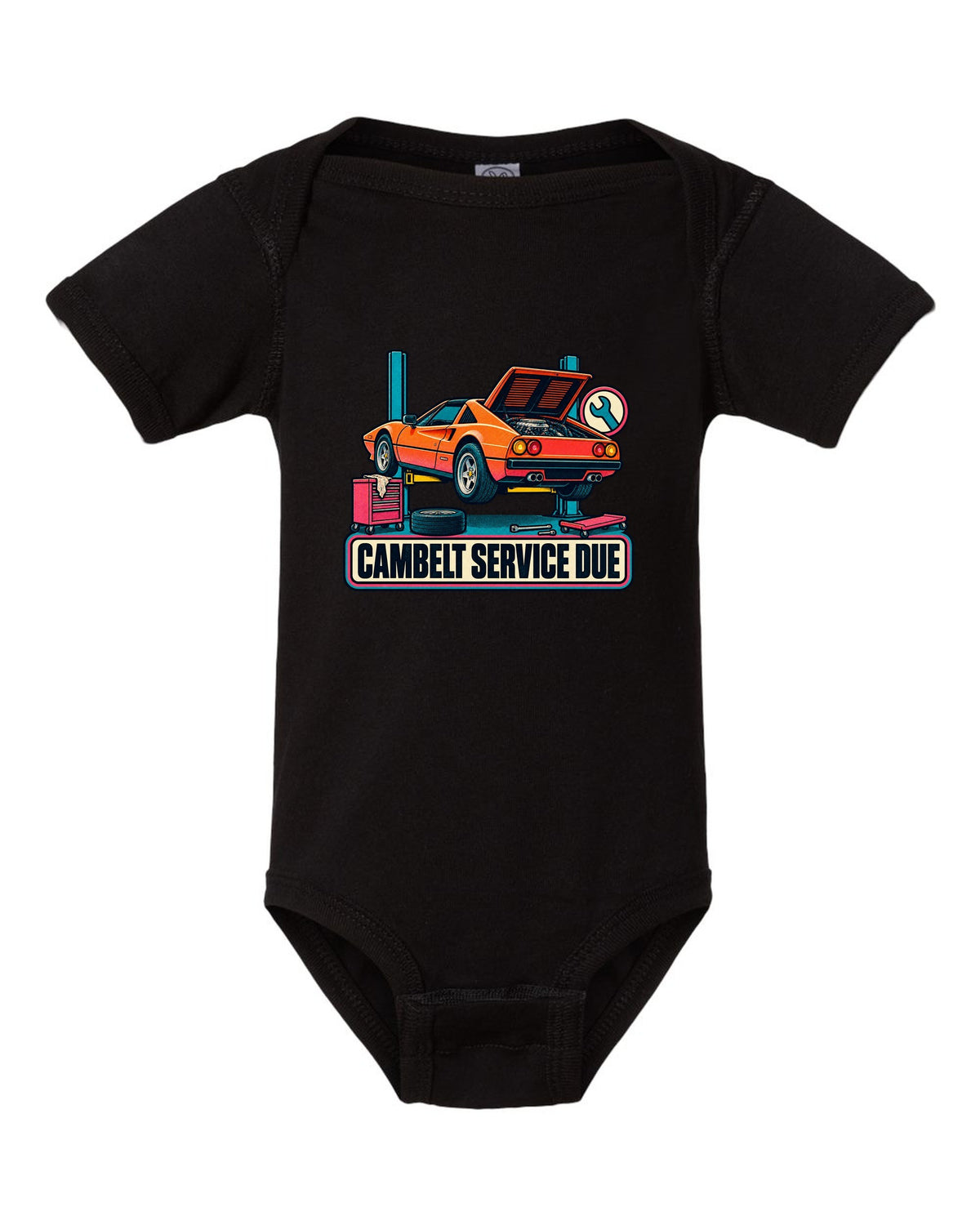 Risograph two-colour halftone print of a Ferrari 308 GTS with the text cambelt service due black baby onesie front view with the design