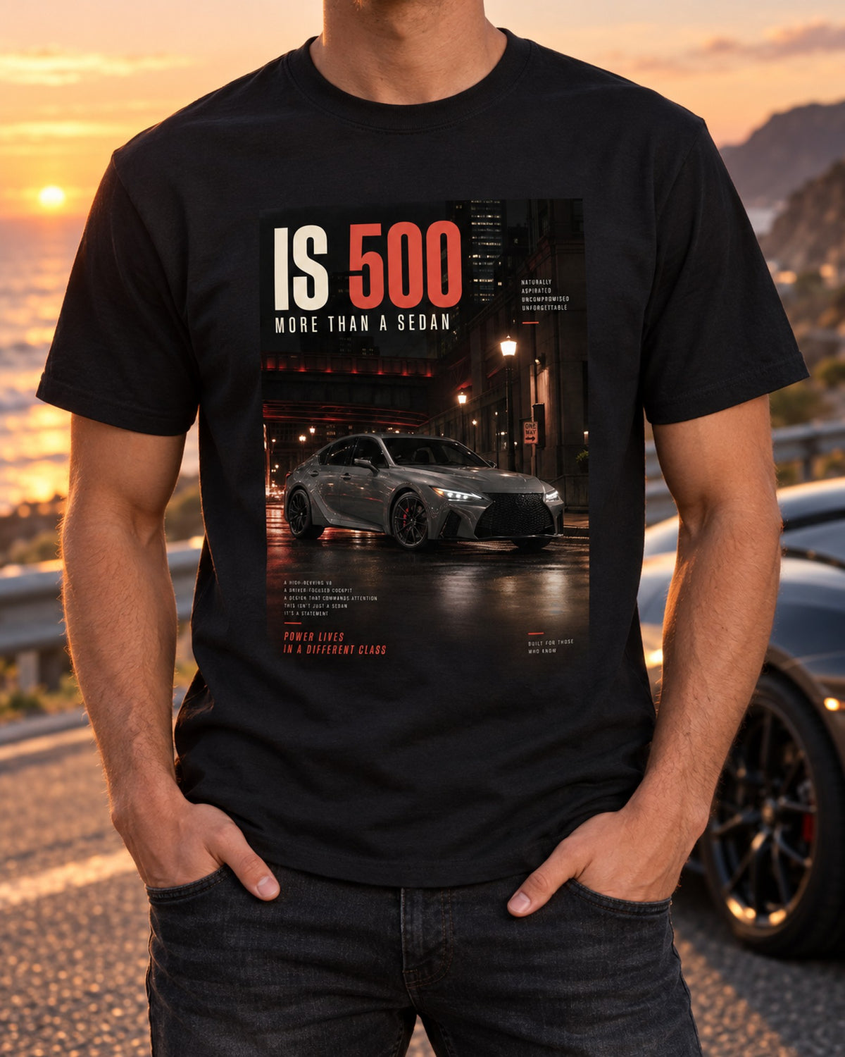 Lexus IS 500 Halftone Shirt, 5.0 V8 in a Compact Sedan T-Shirt Black worn hero
