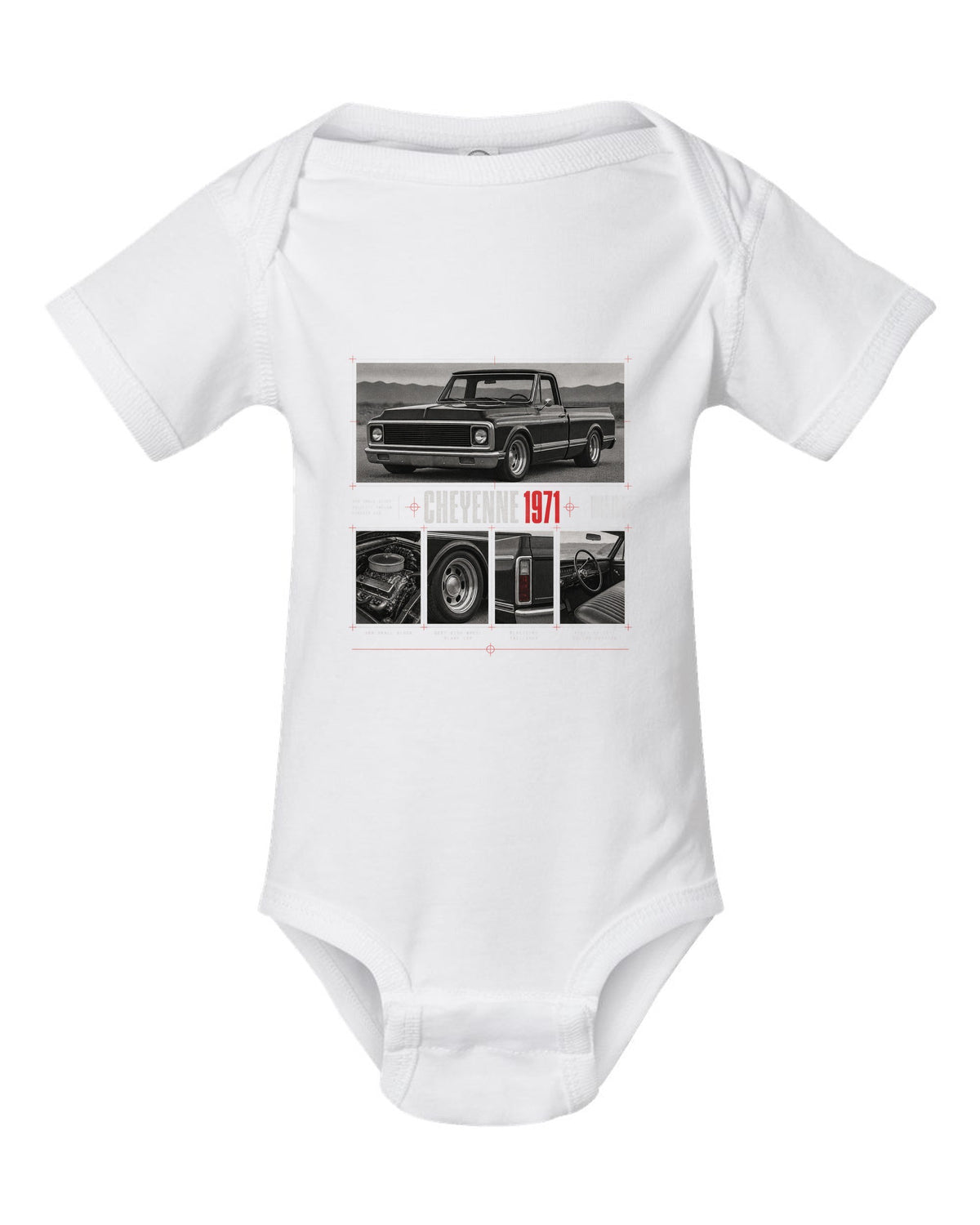 Dossier panel print of a 1971 Chevrolet C10 Cheyenne with 350 small block text white baby onesie front view with the design