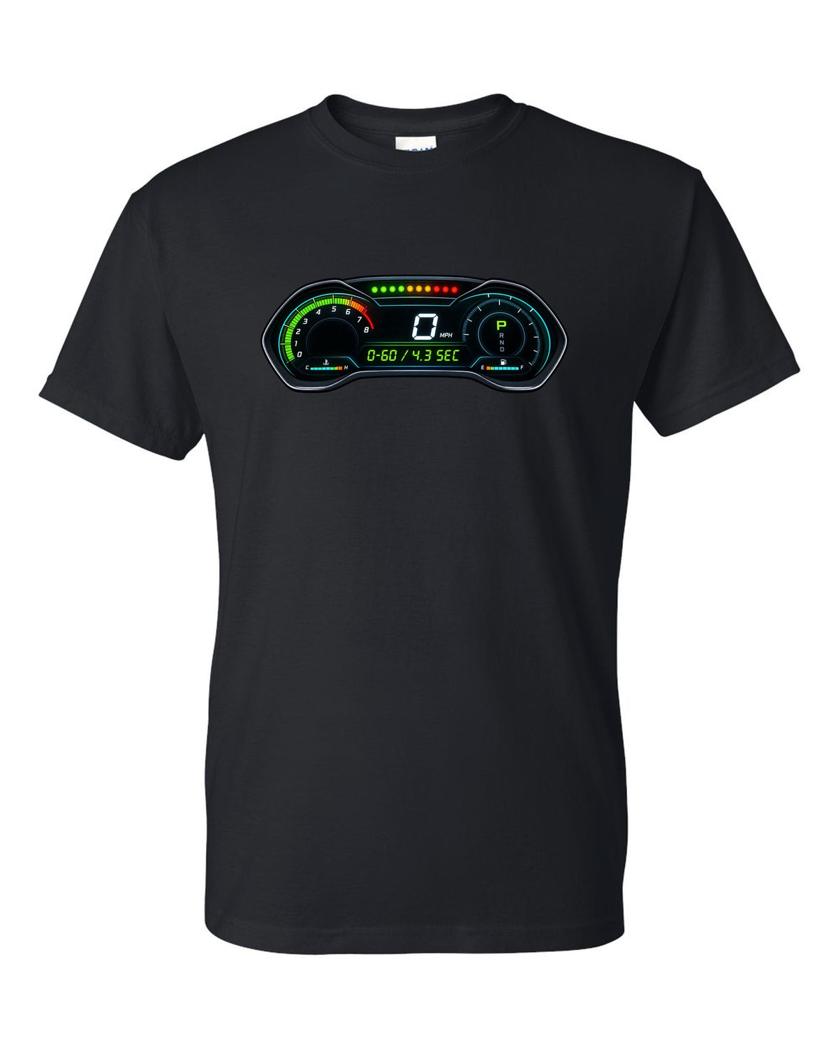 Retro manga halftone panel print of an S550 Mustang fastback doing a line lock burnout black t-shirt front view with the design