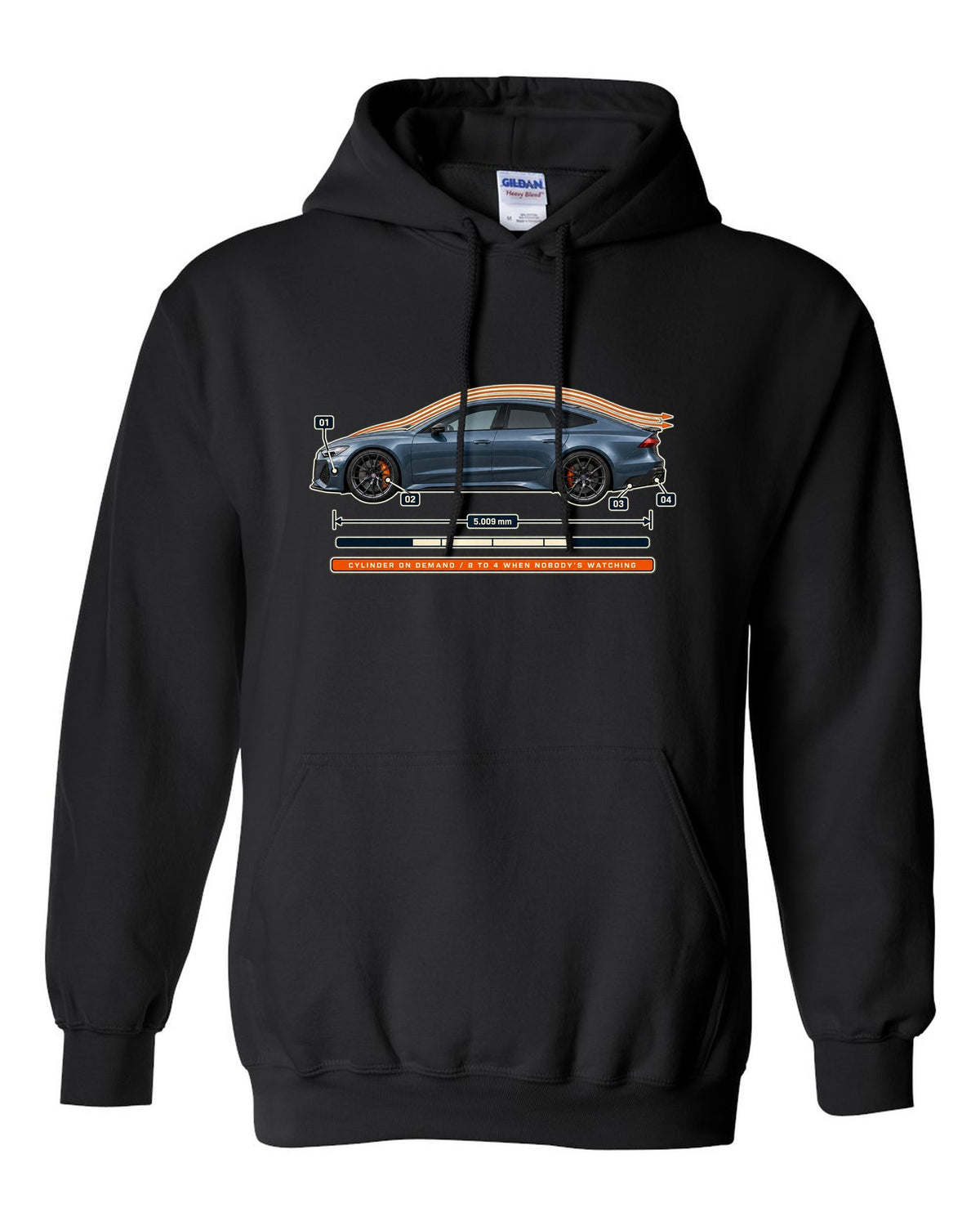 Aero callout print of an Audi RS7 Sportback C8 with cylinder on demand caption black pull over hoodie front view with the design