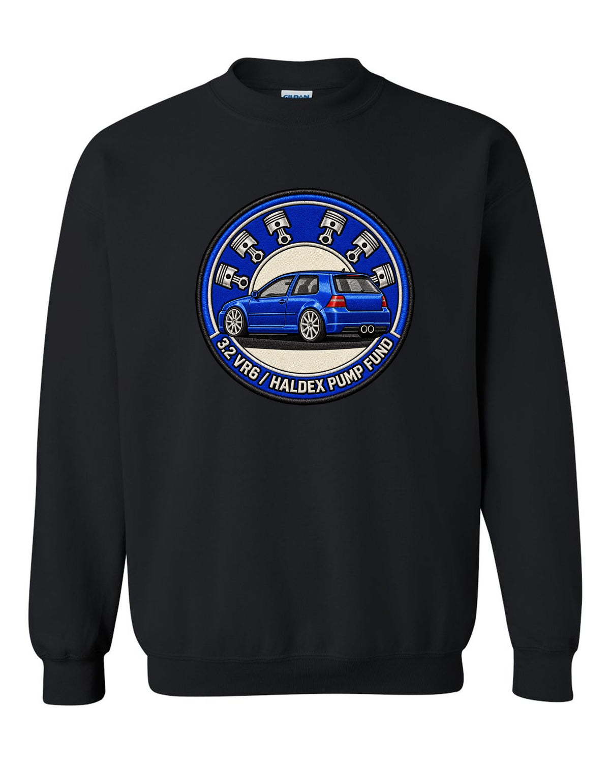 Varsity crest print for a VW Golf R32 Mk4 with 3.2 VR6 and Haldex pump fund lettering black crewneck front view with the design