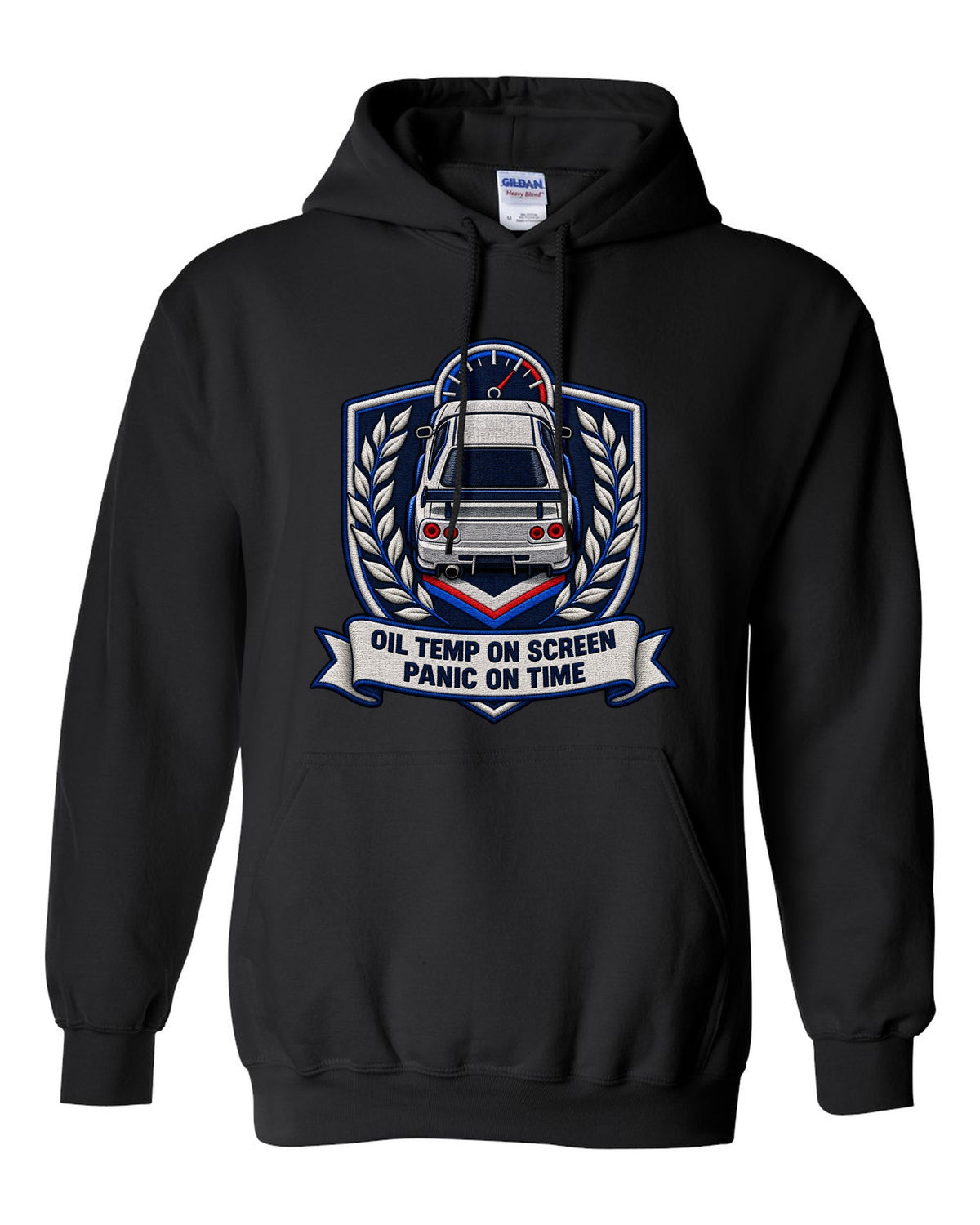Embroidery-style shield crest print for the Nissan Skyline GT-R BNR34 with oil temp lettering black pull over hoodie front view with the design