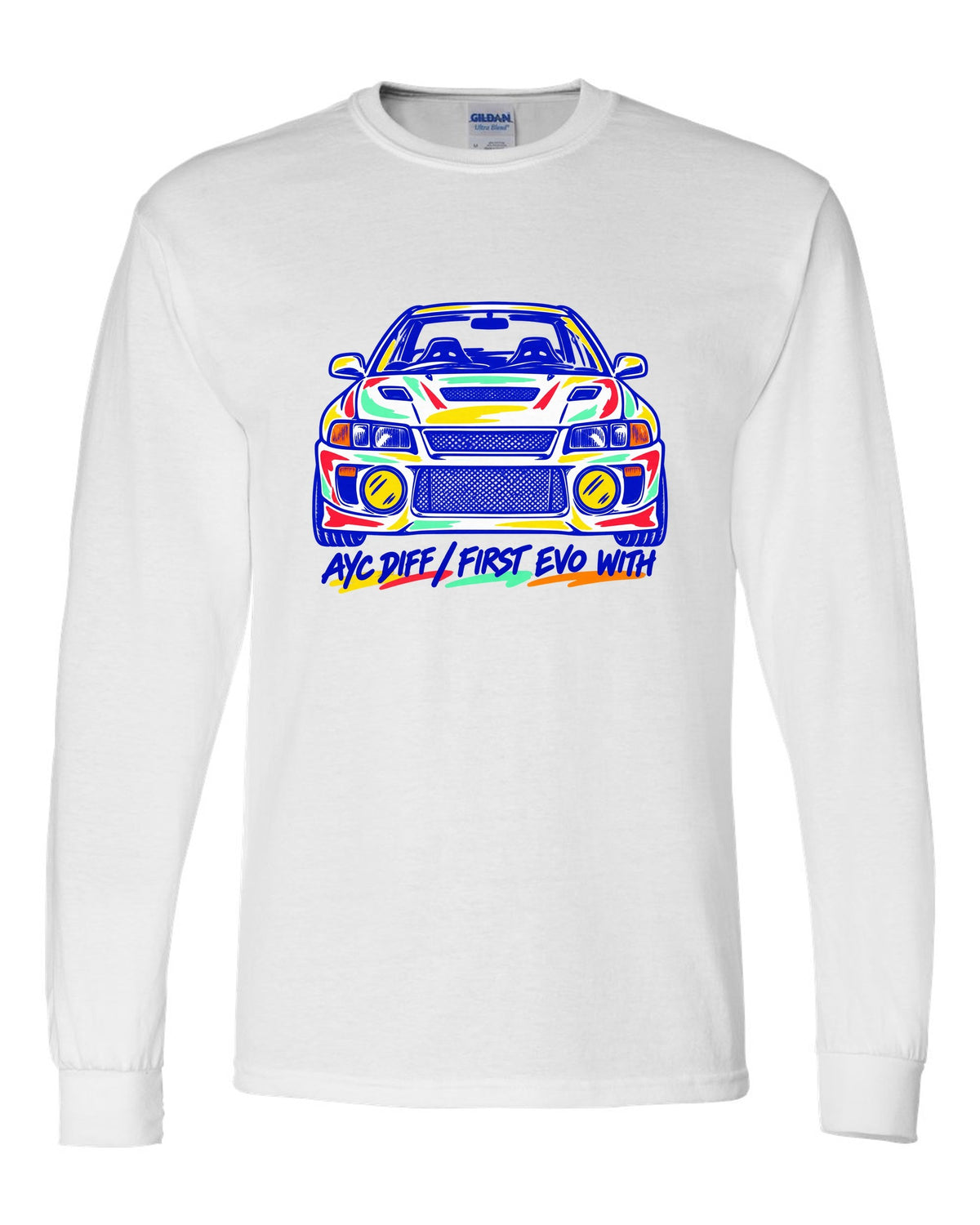 Mono-line napkin sketch of a Mitsubishi Lancer Evolution IV CN9A white long sleeve front view with the design