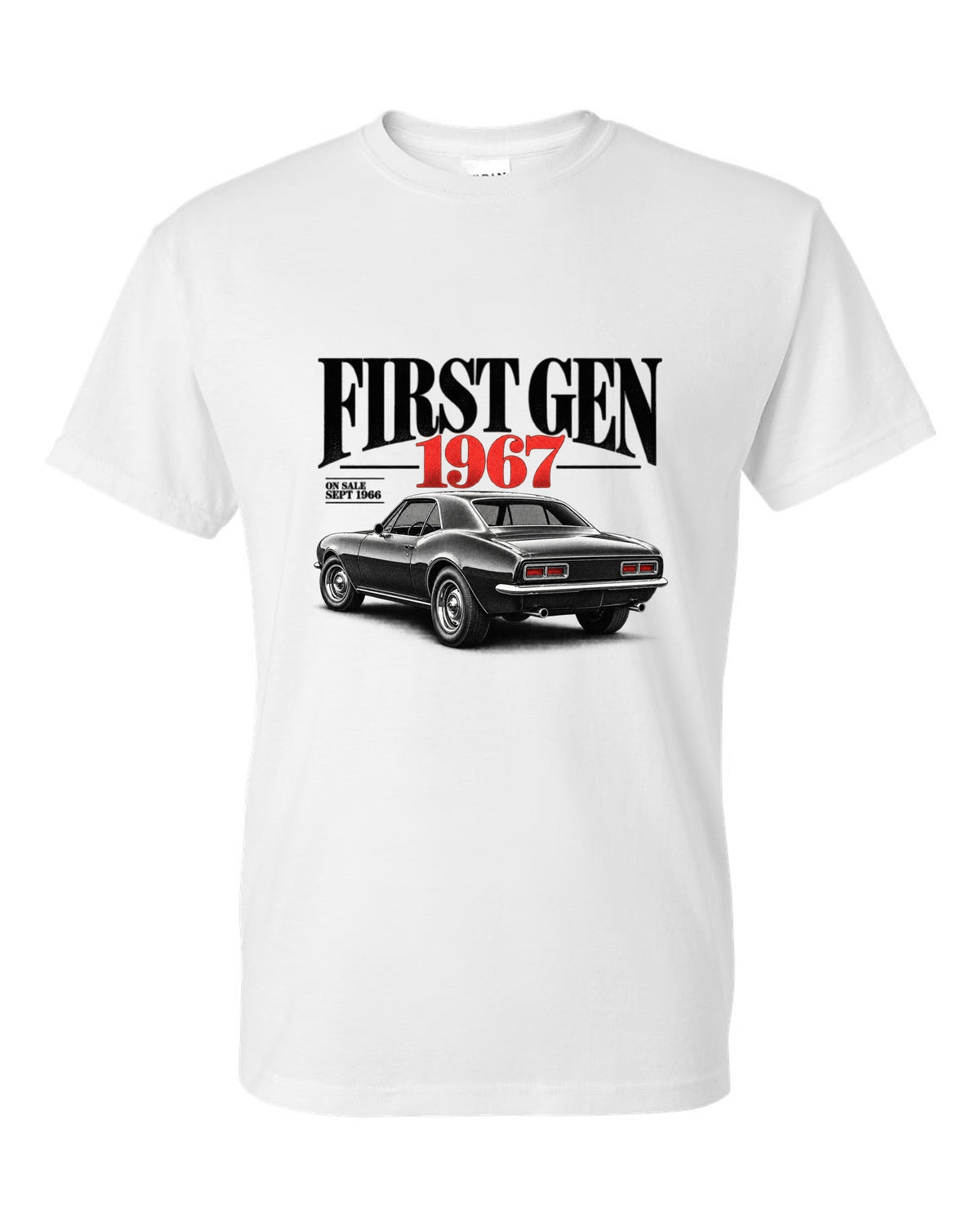 Editorial headline print of a 1967 first-gen Chevrolet Camaro with September 1966 on-sale date white t-shirt front view with the design