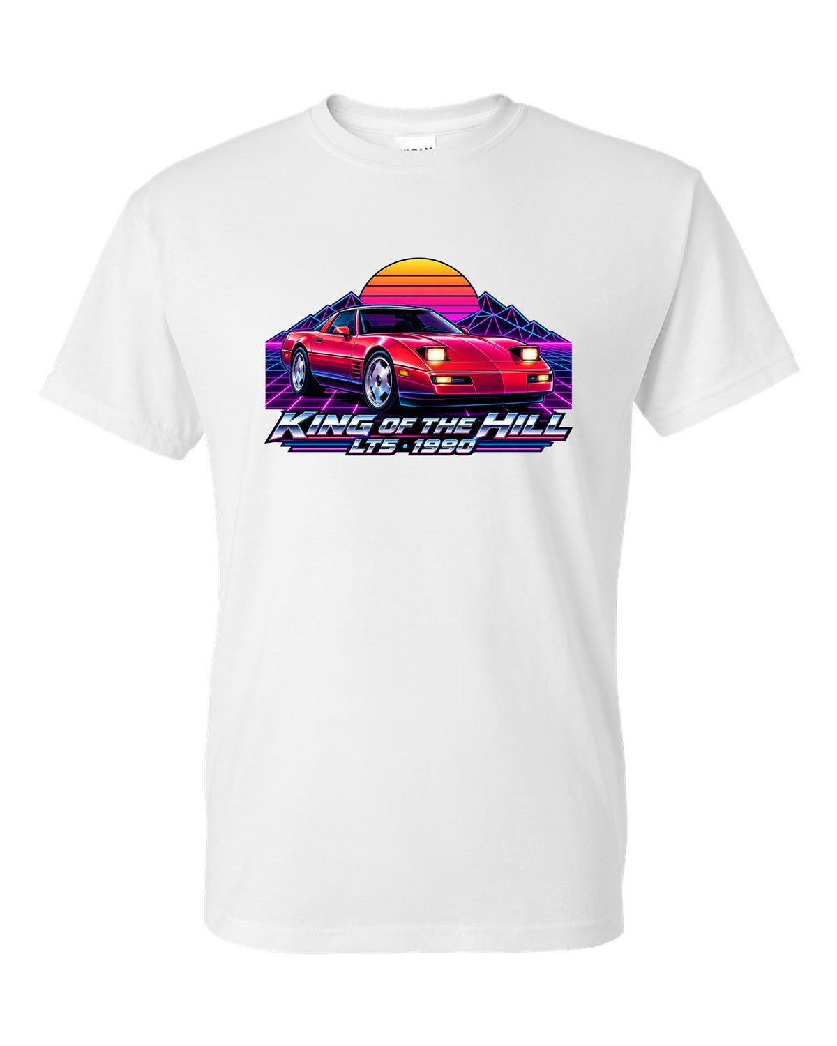Synthwave neon horizon print of a 1990 Chevrolet Corvette C4 ZR-1 with King of the Hill LT5 lettering white t-shirt front view with the design