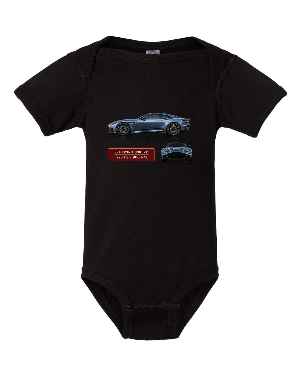 Aston Martin DBS Superleggera 2018 spec sheet print with 5.2L V12 725 PS 900 Nm black baby onesie front view with the design
