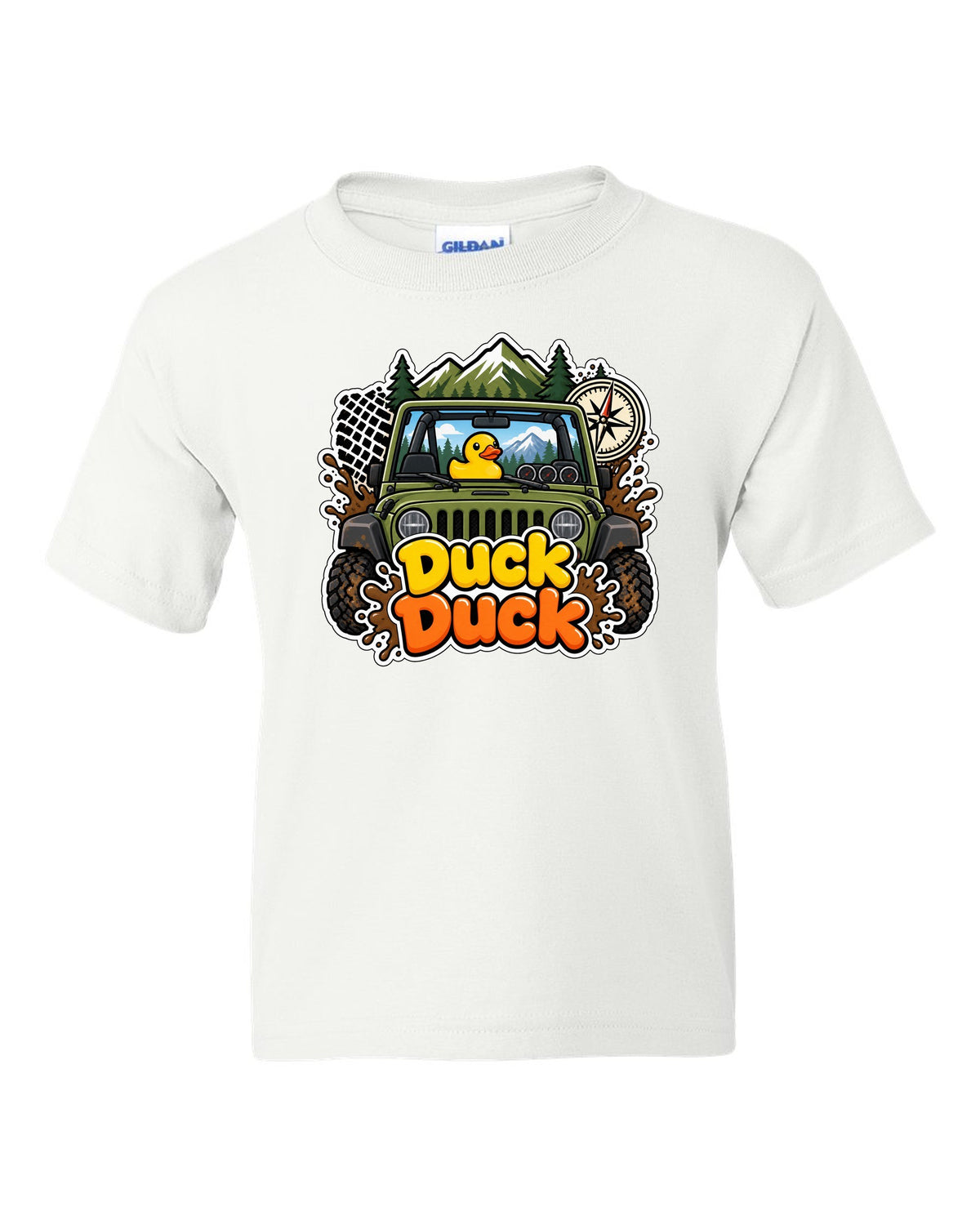 Sticker-bomb collage print of a Jeep Wrangler JK dashboard with ducks white kids tee front view with the design