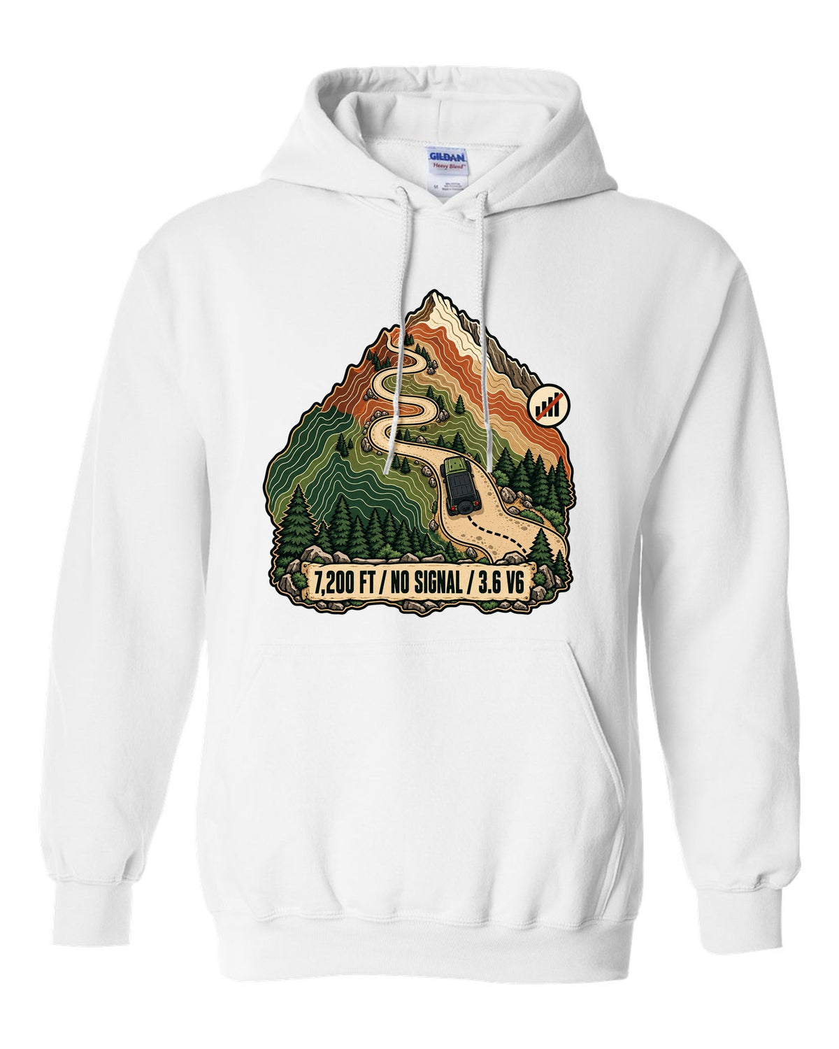 Topographic route map illustration of mountain switchbacks for a Jeep Wrangler JK with 7,200 FT NO SIGNAL 3.6 V6 lettering white pull over hoodie front view with the design