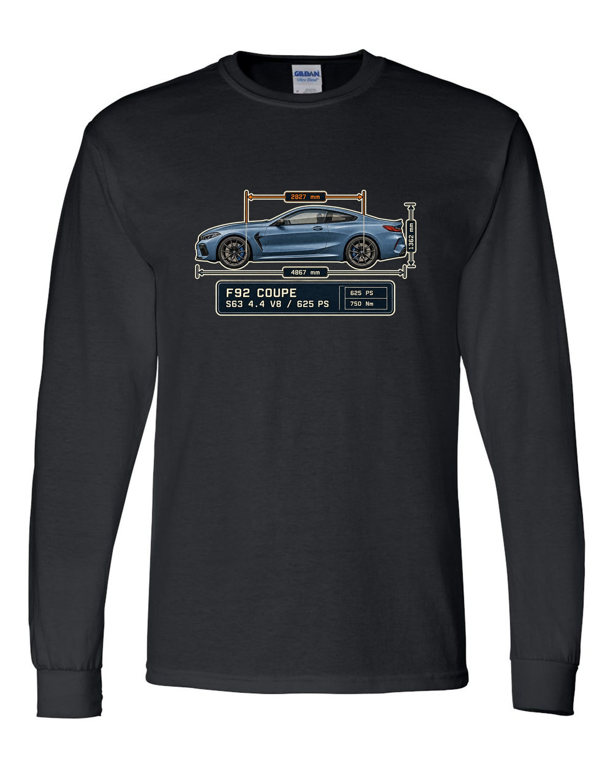 BMW M8 Competition Coupe F92 dimension blueprint print on a tee black long sleeve front view with the design