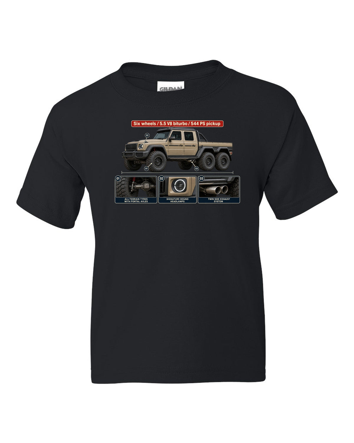 Dossier panel print of a Mercedes-Benz G63 AMG 6x6 W463 pickup black kids tee front view with the design