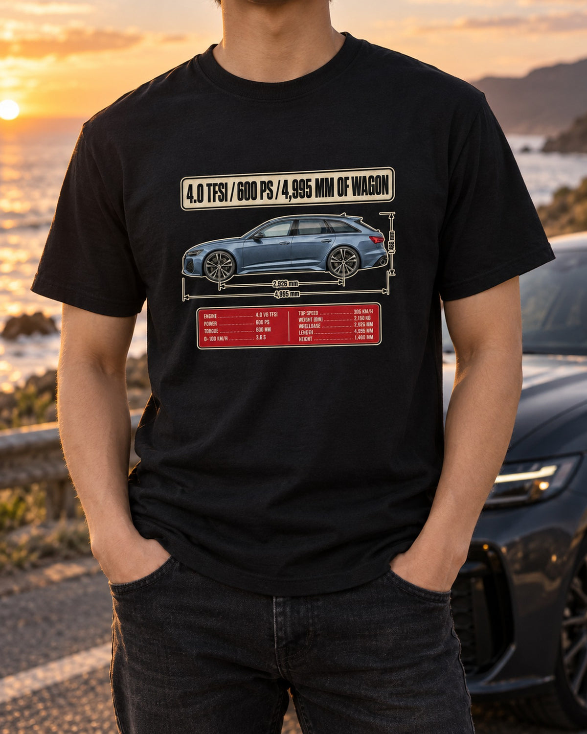 Audi RS6 Avant C8 Blueprint Profile Shirt, 4.0 TFSI T-Shirt Black worn hero