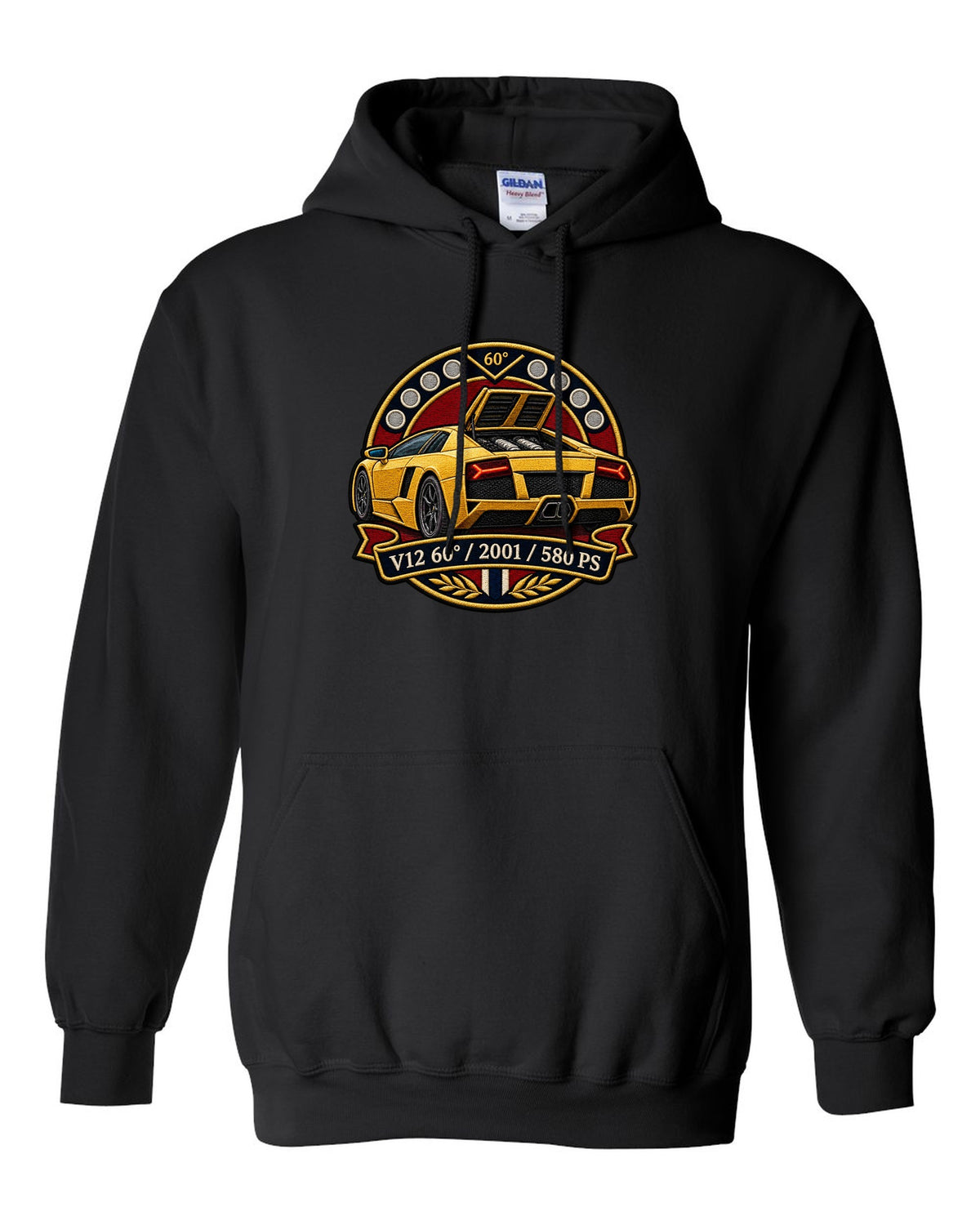 Embroidery-style varsity crest design of a 2001 Lamborghini Murcielago with V12 and 580 PS text black pull over hoodie front view with the design