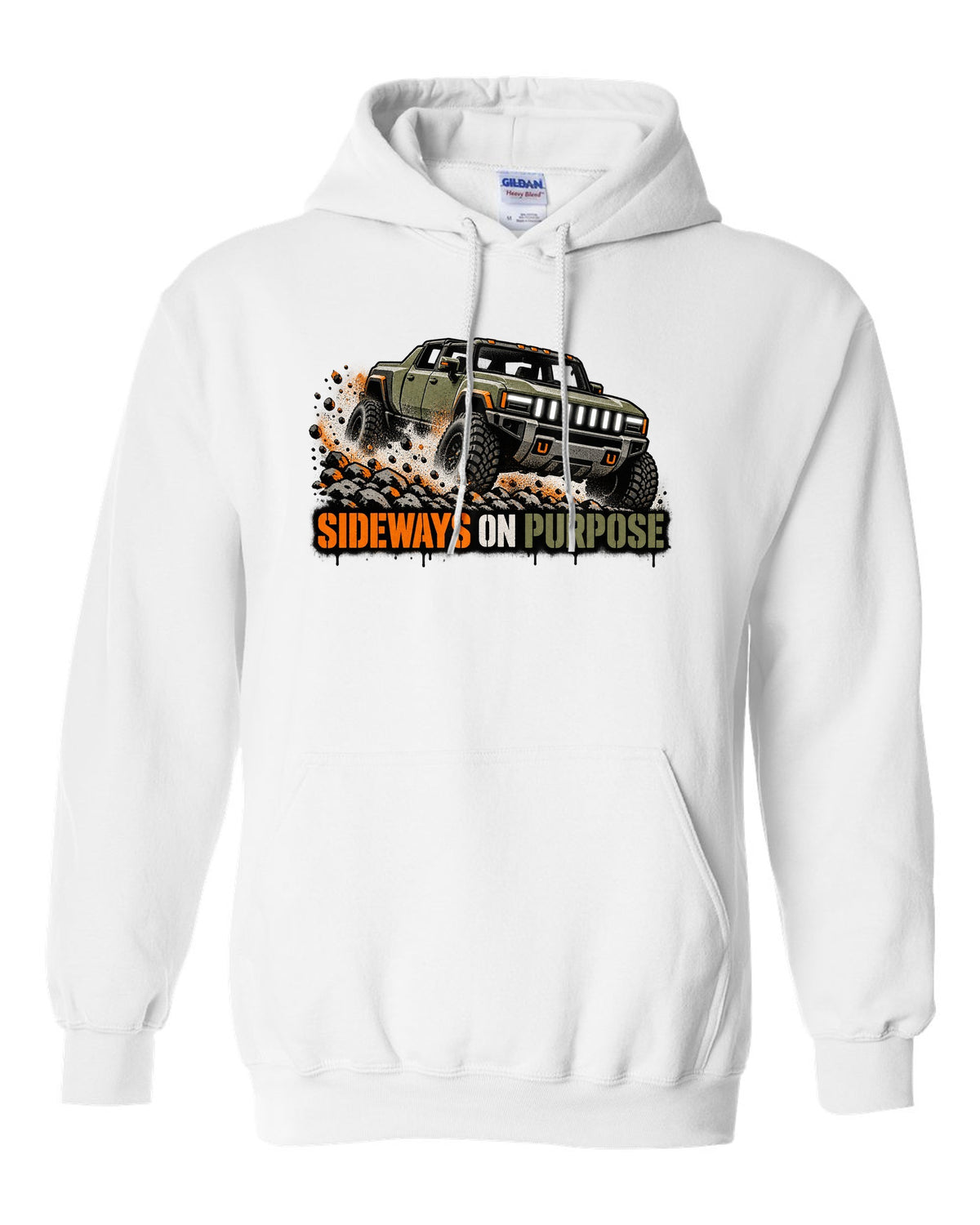 GMC Hummer EV spray stencil print with the words Sideways On Purpose white pull over hoodie front view with the design