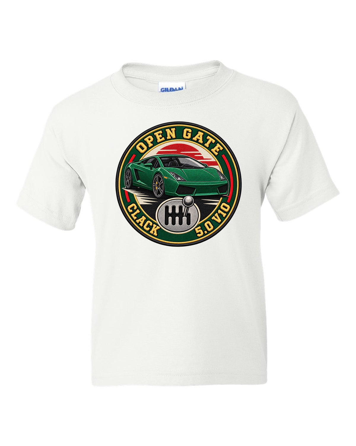 Embroidery-style crest of a Lamborghini Gallardo open-gate six-speed manual with V10 text white kids tee front view with the design